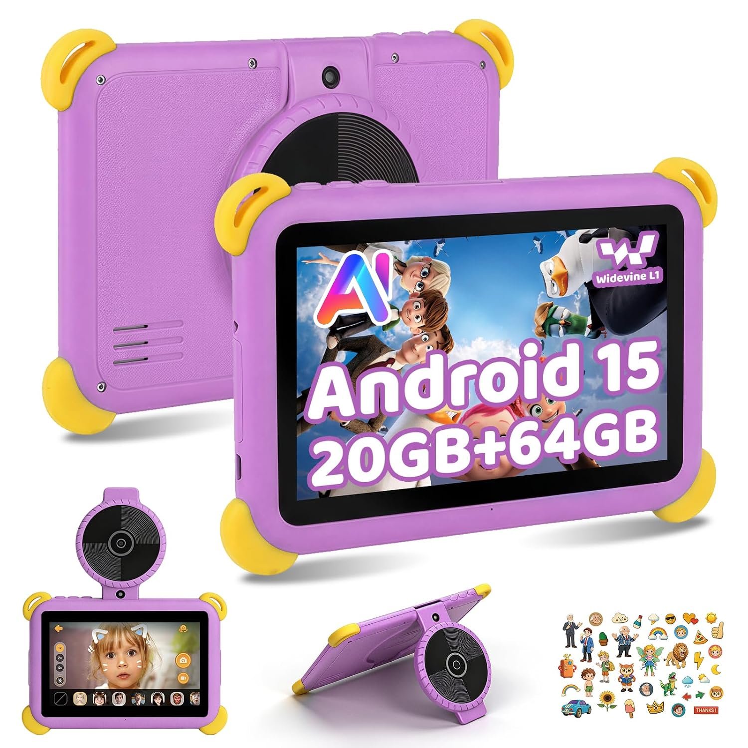 Ainmel Kids Tablet 7 inch Android 15 Tablet for Kids, 20GB+64GB (TF 1TB), Android Tablet with Parental Control, AI Dual Cam&Learning, WiFi 6/BT 5.3, Widevine L1, Tablet with Protective Case - Purple