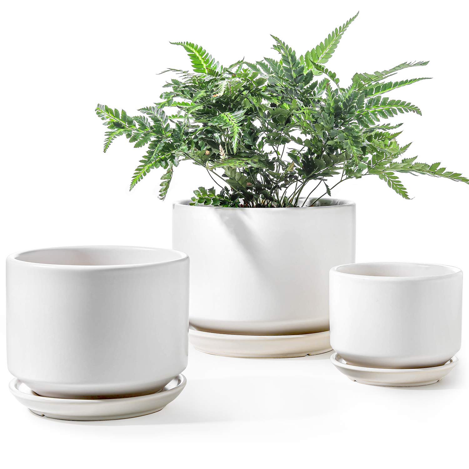 LE TAUCI Ceramic Plant Pots, 11+13+17 cm Planters, Set of 3 Planters with Drainage Hole and Saucer, Indoor Plant Pot with Hole Mesh Pad, Gifts for Mom, White