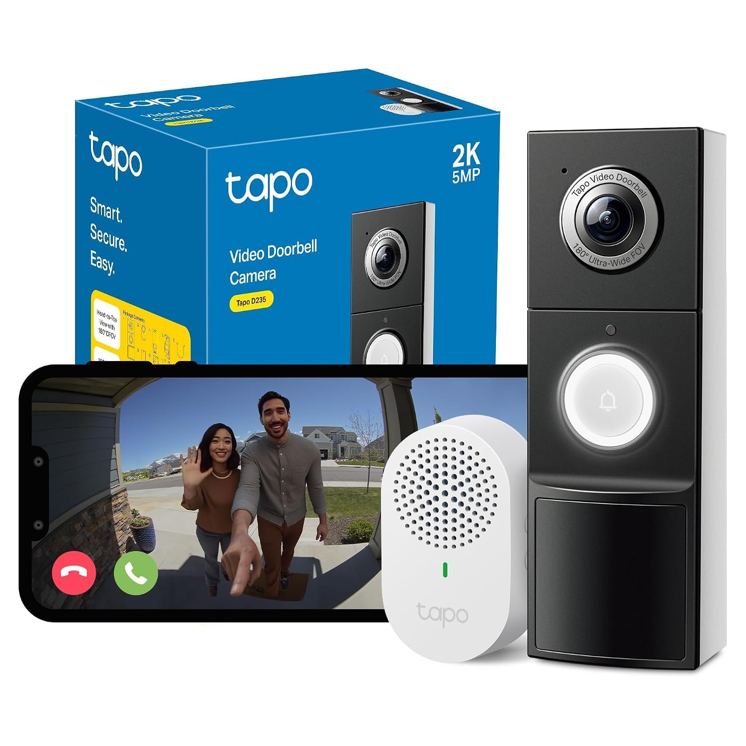Tapo D235 2K 5MP Doorbell Wireless 180°DFOV Ultra-Wide Video Doorbell Wireless or Wired,Battery 210 Day,Ring Chime Included,Head-to-Toe View IP66,TP-Link Free AI Detection,Alexa,No Monthly Fee