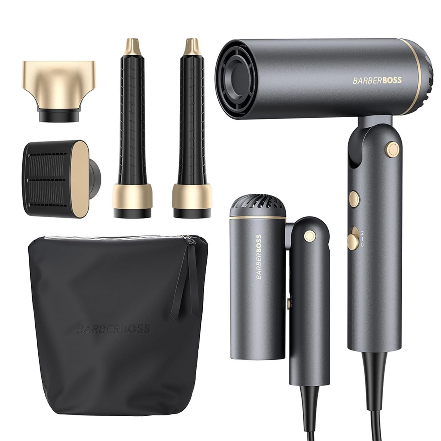 BarberBoss Hot Air Styler, Anti-Frizz Negative Ion Technology, Foldable Hair Dryer and Curler, High-Speed Motor, Fast Drying Hair Styling Tool, Travel Hair Styler, QR-8850