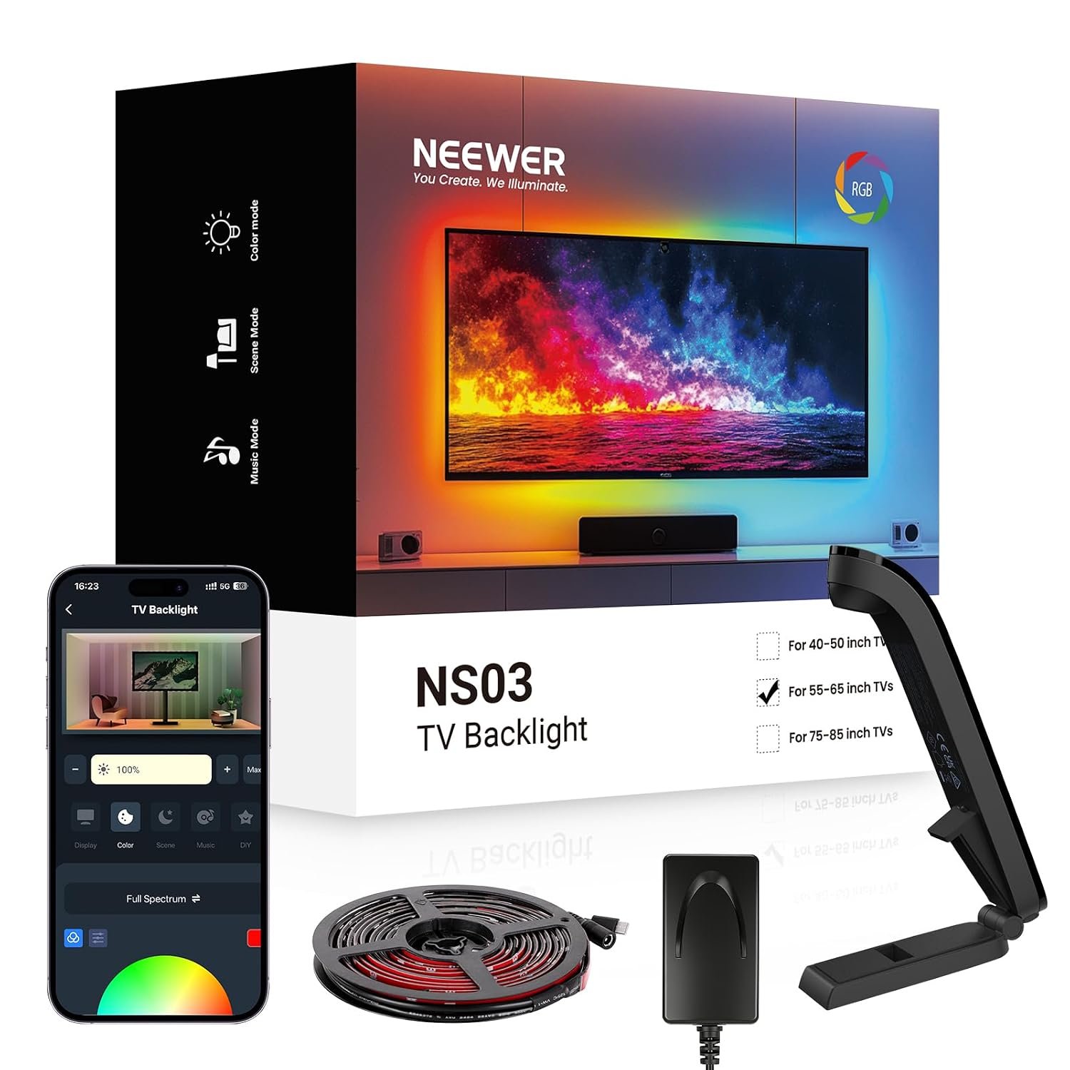 NEEWER Basics TV Backlight for 55"-65" Screens, 11.8ft/3.6m LED RGB Light Strips with Sensor Change with TV, Scheduled On/Off, Zero Delay Color Sync, Music Sync, 24 Scenes, Supports App Control, NS03