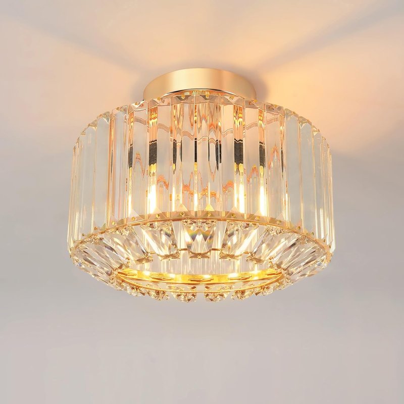 ANWIO Gold Crystal Ceiling Lights,Modern Semi Flush Mount Fittings Ceiling Lamp Fixture,Hallway Ceiling Lights,Dia 26.5cm Crystal Chandelier for Living Room Dining Room Kitchen Bathroom (E27 Base)