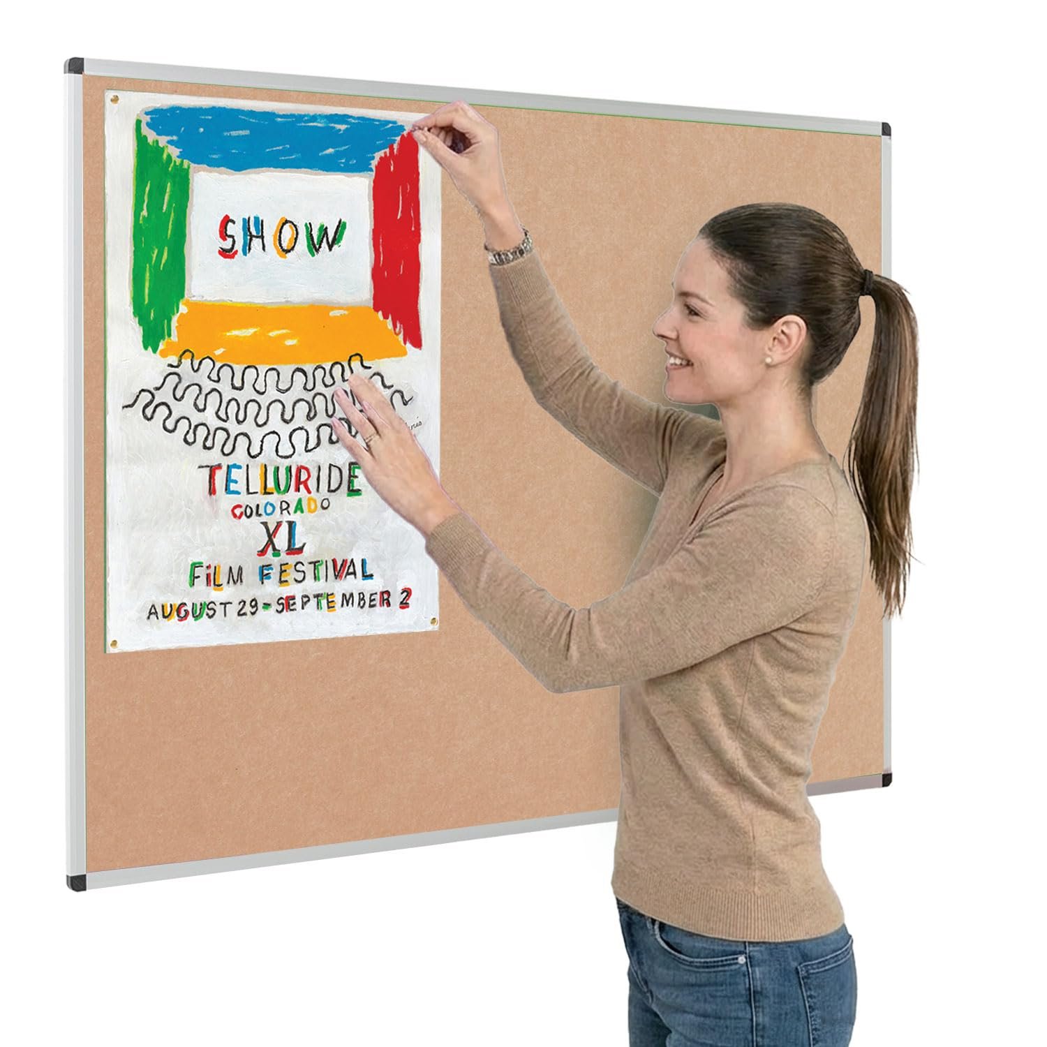 Metroplan Fire-Retardant Aluminium Frame Noticeboard, 120 x 90 cm, Natural Pinboard, Wall-Mounted, 12 Colour Pinboard Options - Ideal for Office, Classroom, Notice Displays