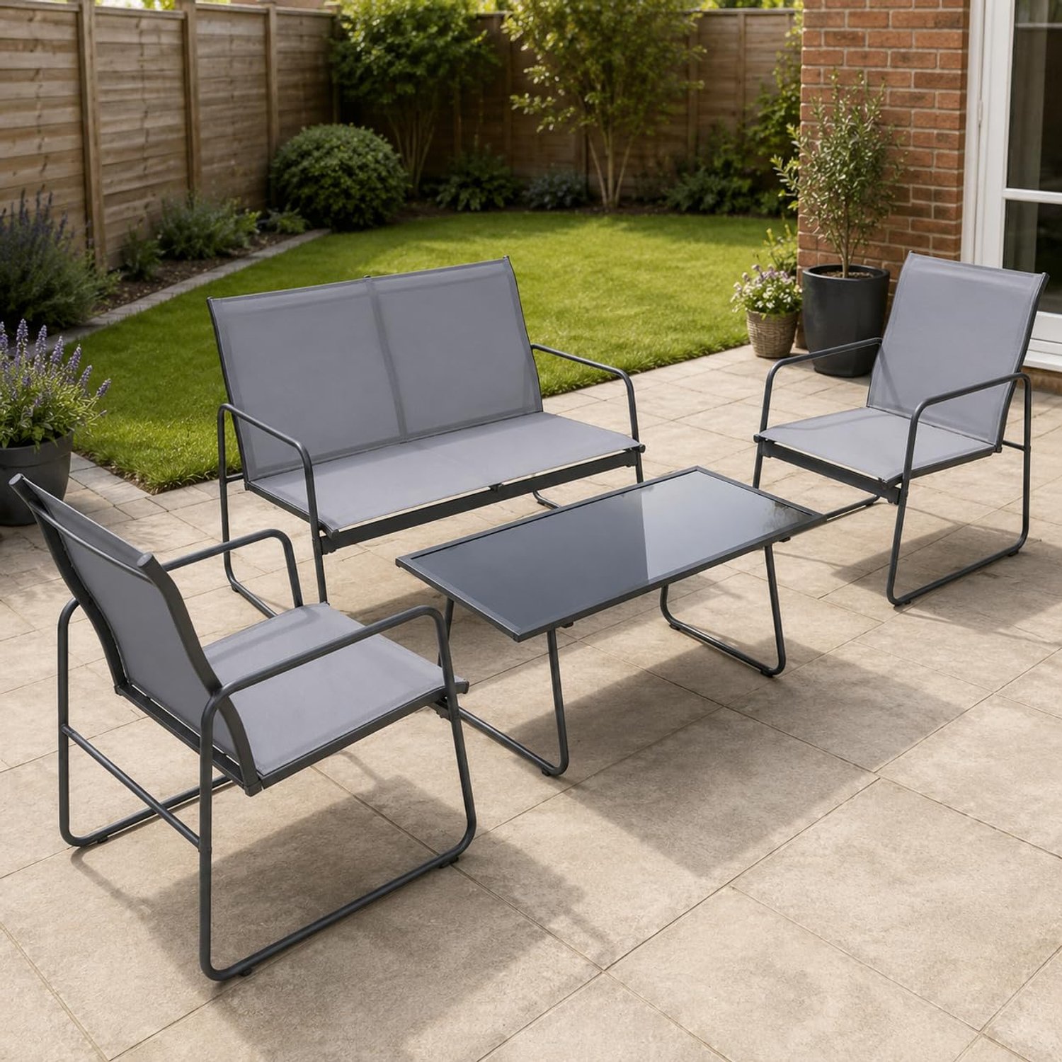 BRONX 4-Piece Patio Set – Grey Outdoor Furniture with 2 Chairs, Loveseat & Table for Porch, Balcony, or Indoor Spaces