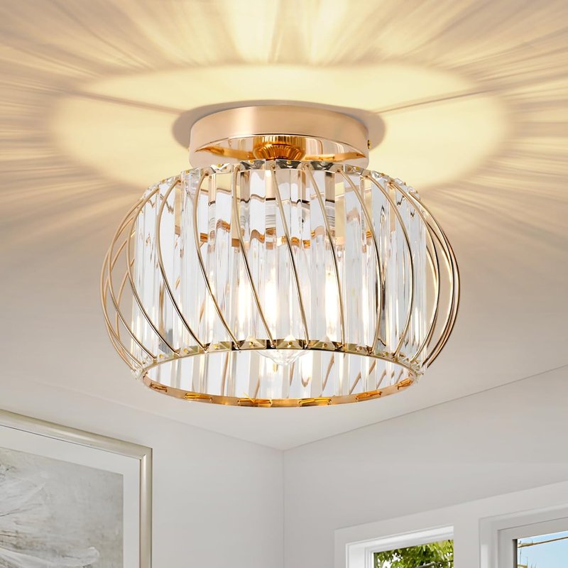 ZYDTRIP Crystals Ceiling Light Fixtures Chandelier, Gold Semi Flush Mount Ceiling Light Fitting for Hallway Entrance Kitchen Bedroom Dining Rooms Living Rooms Bar