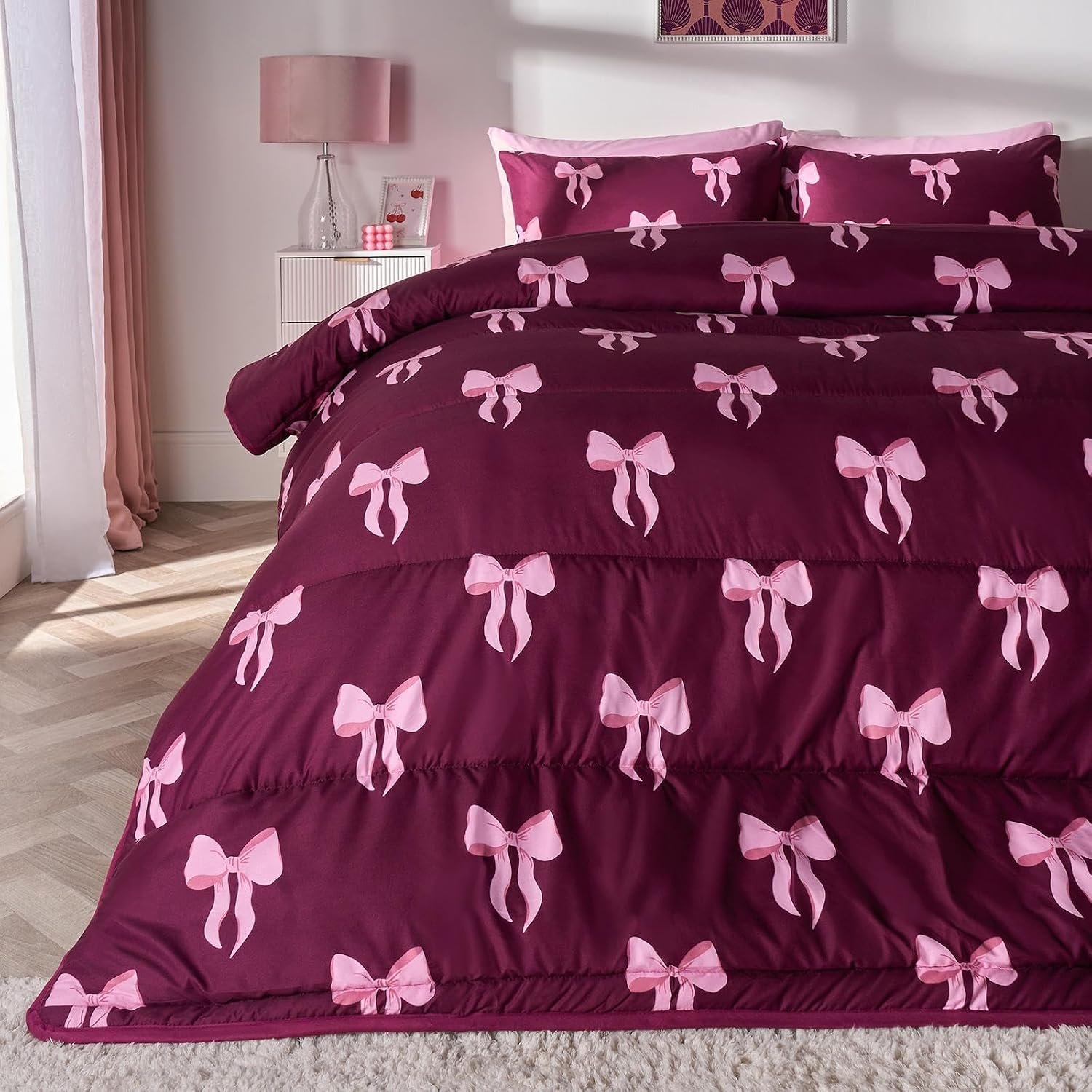 OHS 10.5 Tog Coverless Duvet Double, Stylish Bow Print Soft Warm Microfibre Double Duvet Camping Summer Winter Washable Quilt Coverless Duvets with Pillowcases, Burgundy
