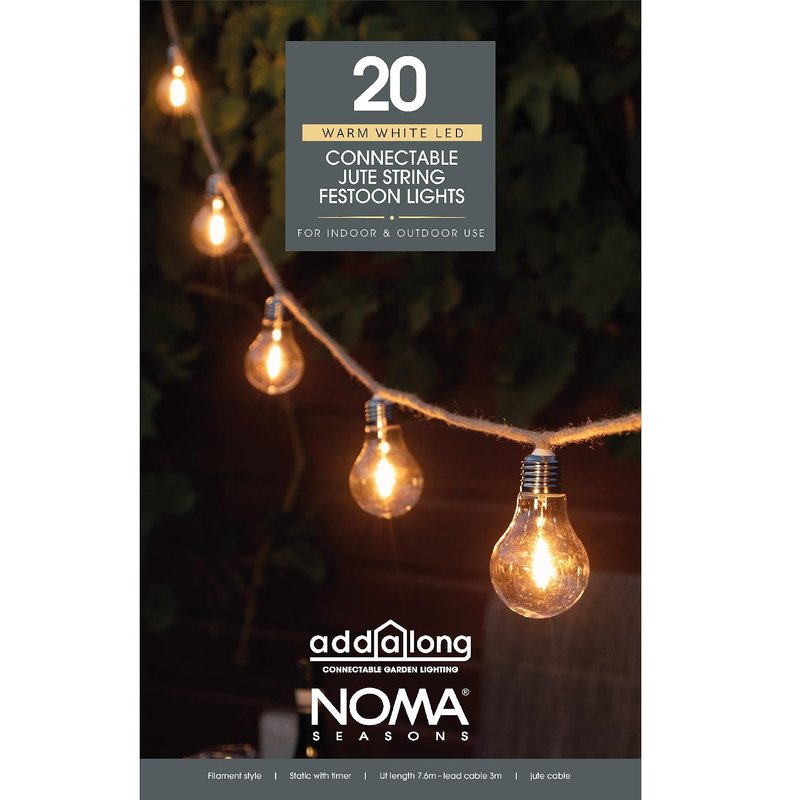 Noma Connectable Jute Rope Festoon Lights, 20 Warm White LED's, 10.6m