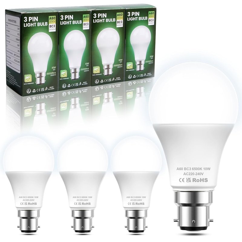 BrightArk BC3 3 Pin Light Bulbs,4 Pack 10W Energy Saving LED Light Bulb,75W Equivalent,15,000hrs Lifetime,Non Dimmable,6500k Cool White A60 LED Bulbs for Ceiling,Landing Light,Hallway