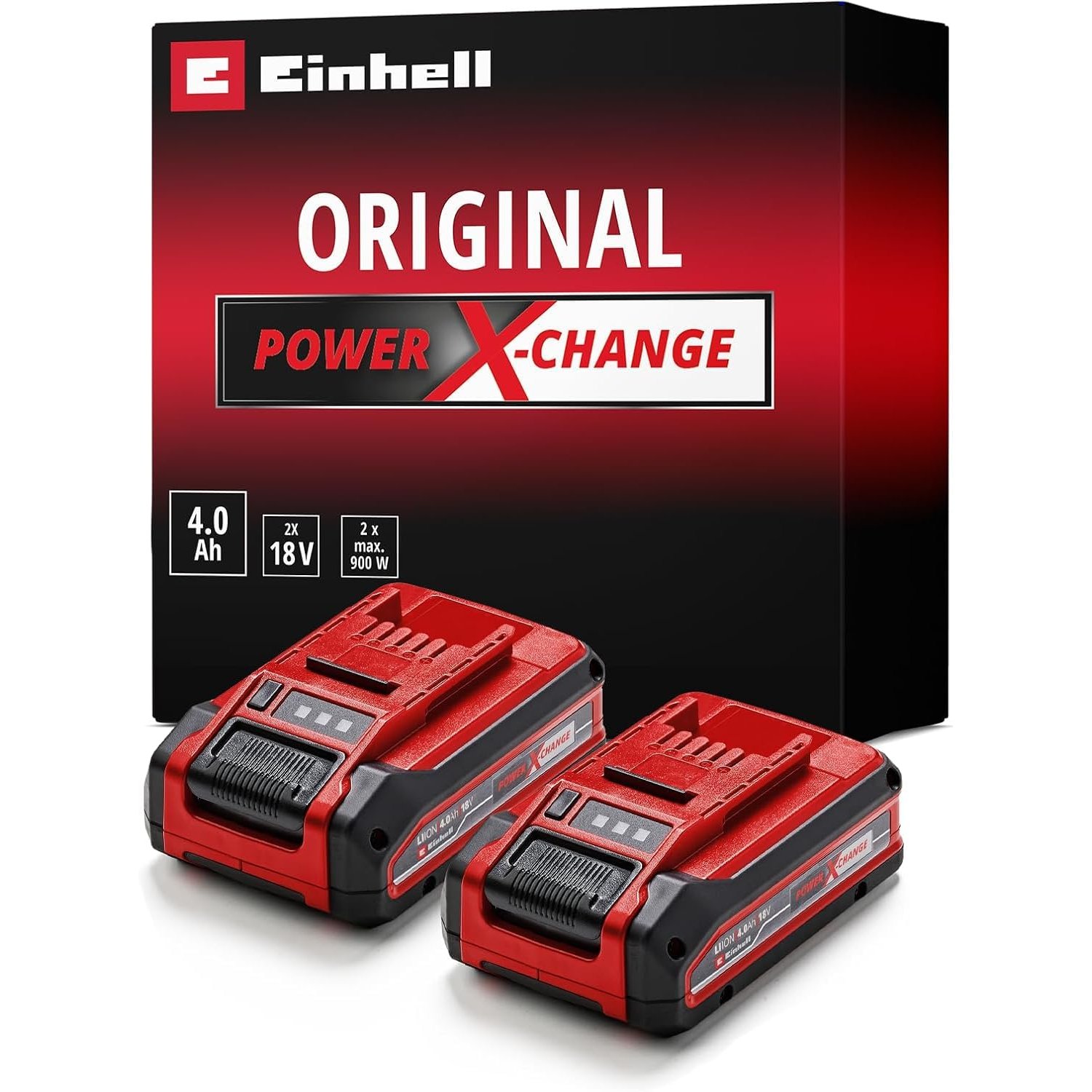 Einhell 18V 4.0Ah Plus Lithium-Ion Battery Twinpack Power X-Change, 2nd Generation, Extra Power for Intensive Operation, 2 x Batteries Universally Compatible with All Einhell PXC Machines