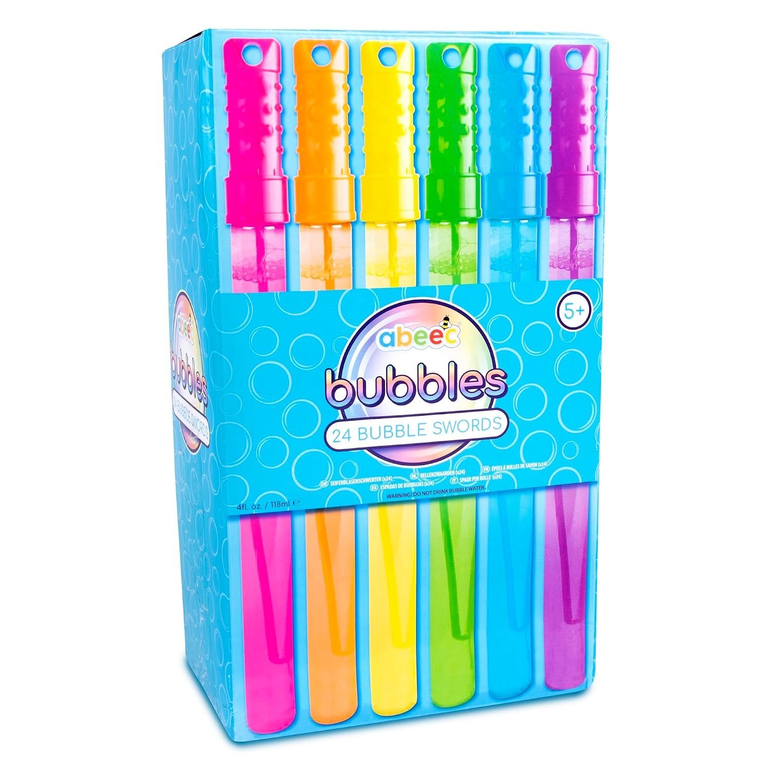 abeec 24 Pack Bubble Swords for Kids | Bubble Wands Multipack with Solution Included | 6 Colours, 118ml Each | Outdoor Toys, Garden Parties, Party Bag Fillers