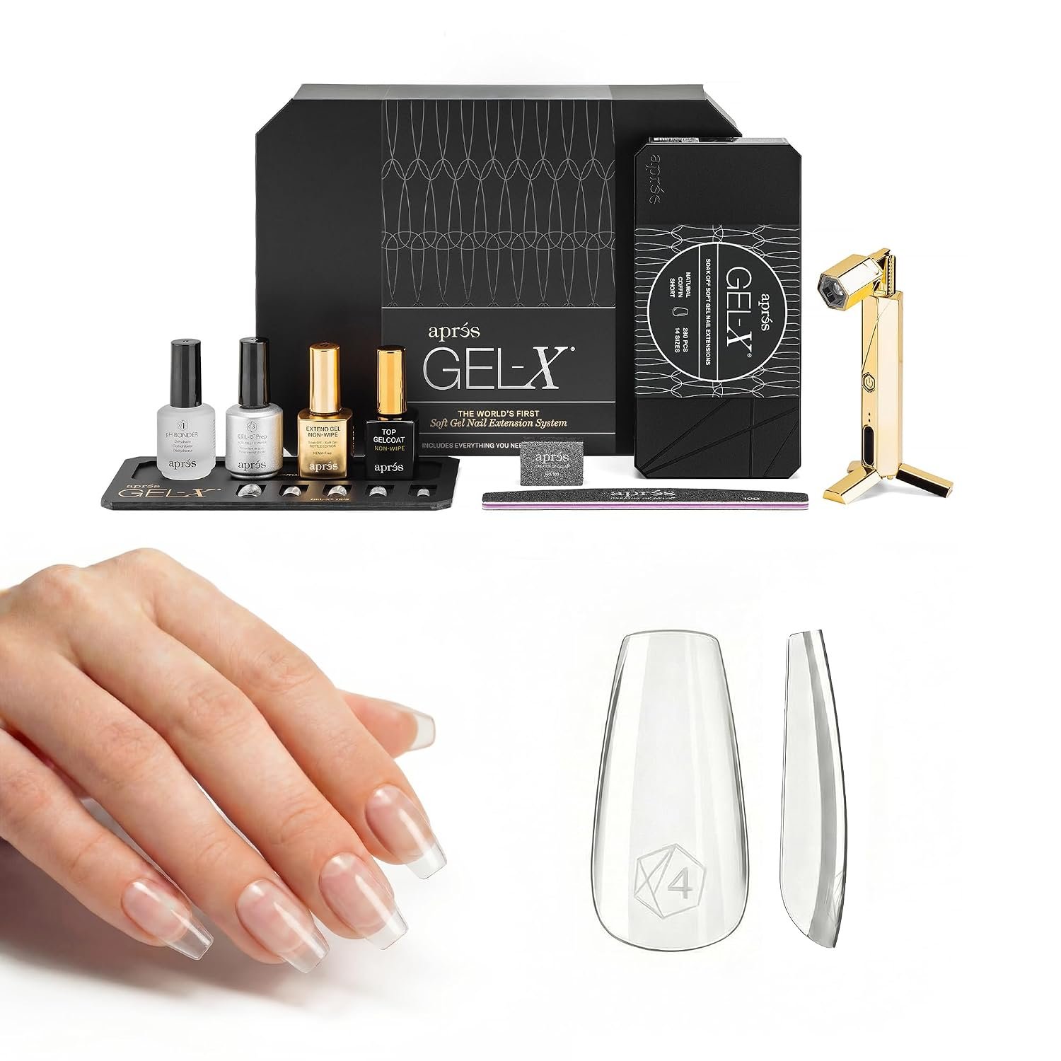 Aprés Gel-X® Professional Nail Extension Starter Kit, 14 Sizes with Half Sizes, Soft Gel-X Tips, HEMA/TPO-Free System for Sensitive Nails (Natural Coffin Short)
