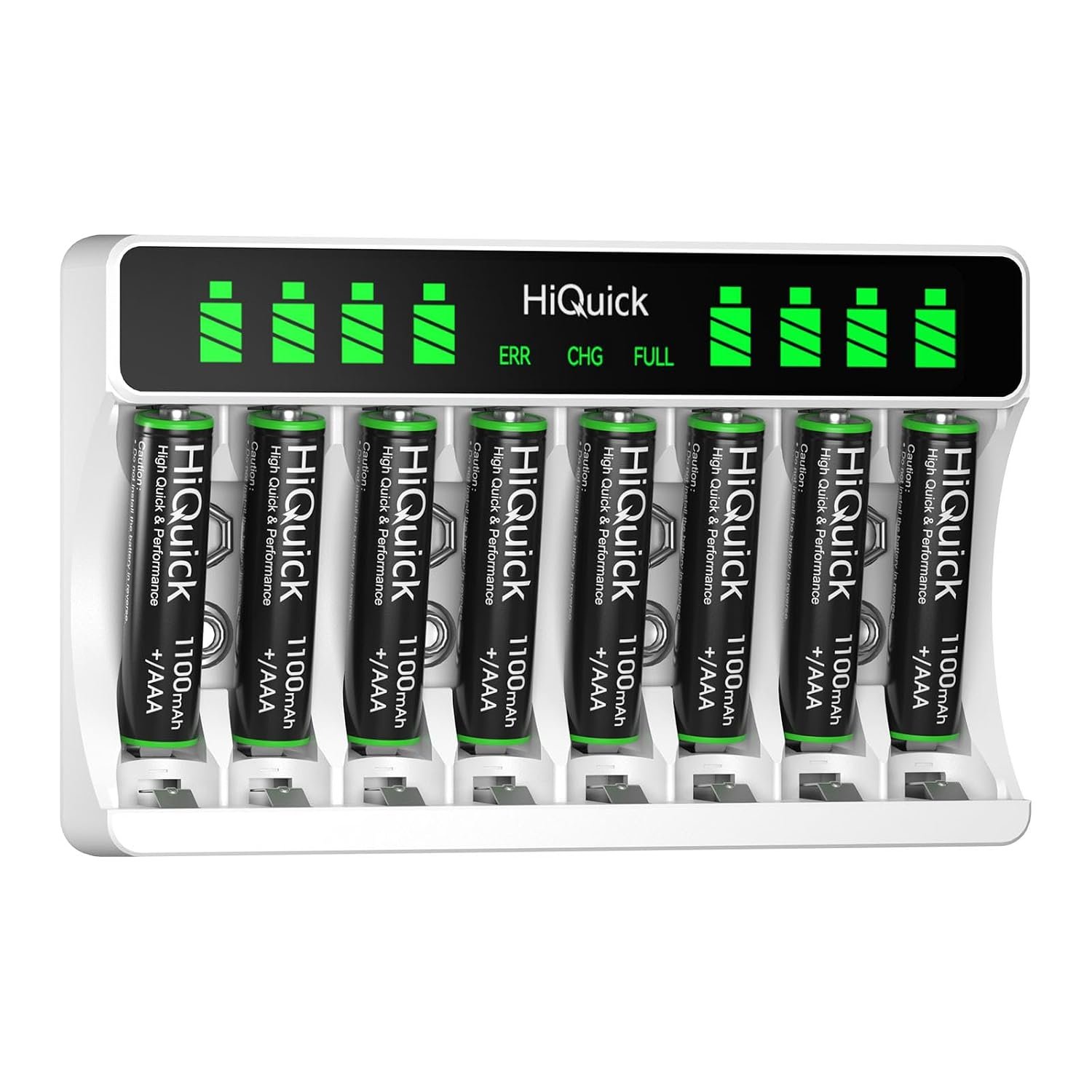 HiQuick 8-slot AA AAA LCD Battery Charger, 5V 2A Fast Charging Function, Type C Input, with 8 x 1100mAh AAA NI-MH Rechargeable Batteries, Battery and Charger Set