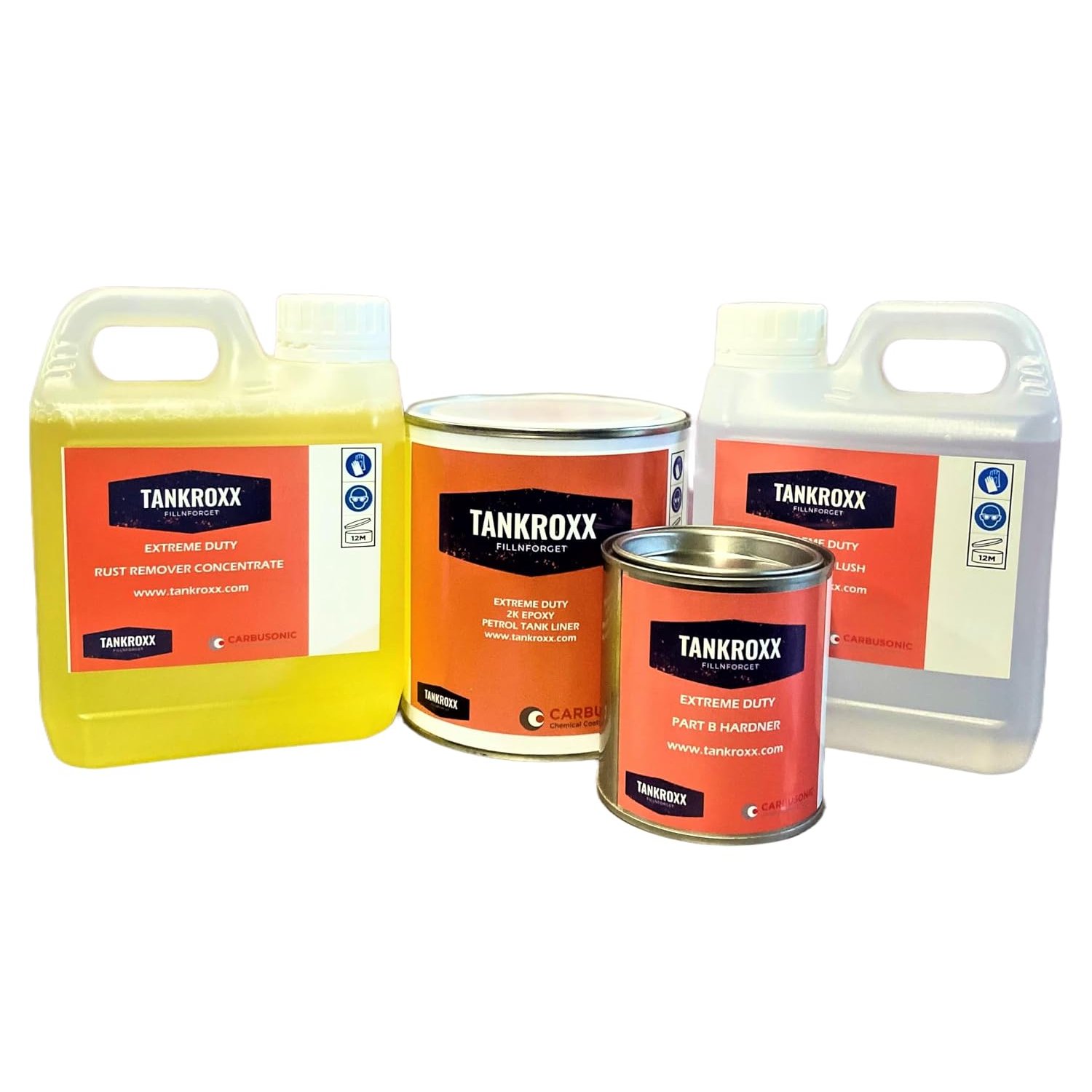 Carbusonic Tankroxx Extreme Duty Fuel Tank Sealer Kit, Petrol Tank Liner, Rust Remover, Epoxy Coating (625gm epoxy kit with flush and rust treatment)
