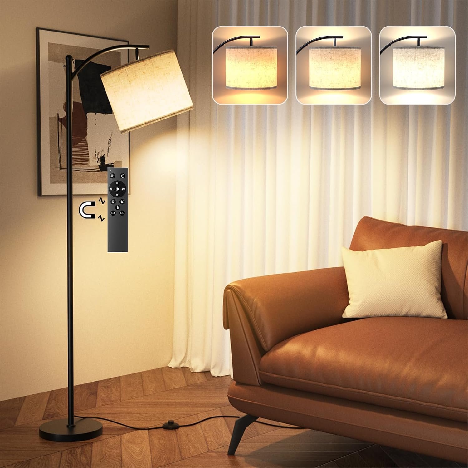 Floor Lamps for Living Room, Arc Standing Lamp with 3 Color Temperatures, Beige Lampshade & Foot Switch, Dimmable Brightness, Standard Corner Lamp for Bedroom Office Dorm Room 12W Bulb Included