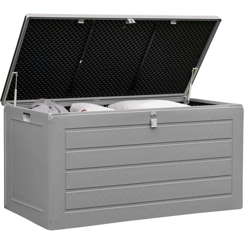 Olsen & Smith 680L XL Outdoor Garden Storage Box, Weatherproof Wood Effect Outdoor Storage Box, Lockable Large Storage Box with Lid, Padlock, Seat, Storage Boxes with Lids, Anthracite, 146 x 71 x 75cm