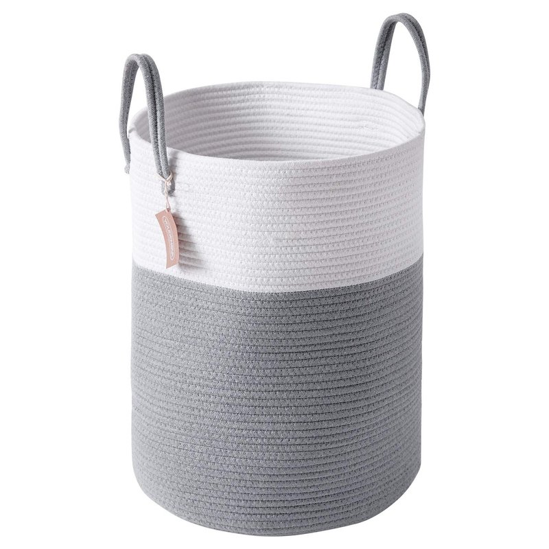 YOUDENOVA Cotton Rope Basket Large Blanket Basket Woven Storage Basket Toy Storage Organiser Nursery Decor Laundry Hamper with Handle 58L (38cm(D) x50cm(H), White & Grey)
