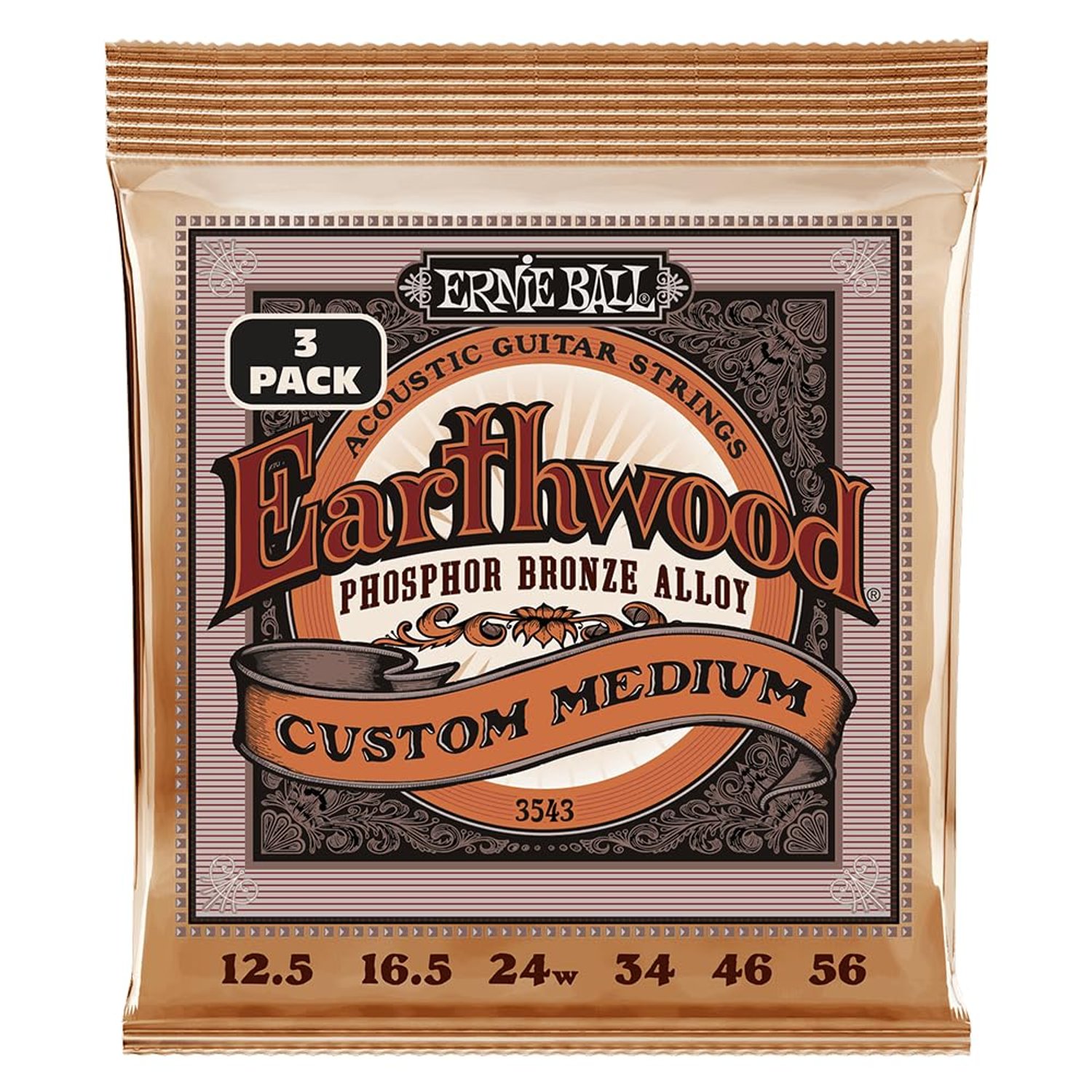 Ernie Ball Earthwood Custom Medium Phosphor Bronze Acoustic Guitar Strings 3-Pack - 12.5-56 Gauge
