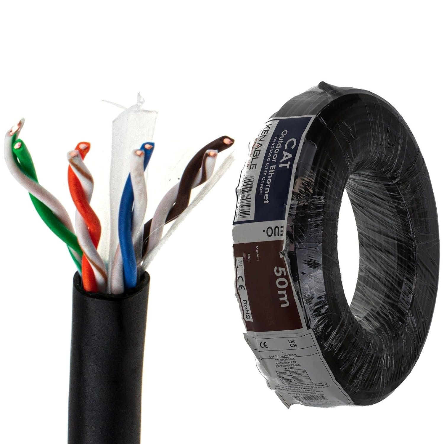 kenable External CAT6 Outdoor Ethernet Cable Reel Pure Copper 23AWG UTP Network Lead UV Resistant Waterproof Burial Grade PE Sheath 50m Black