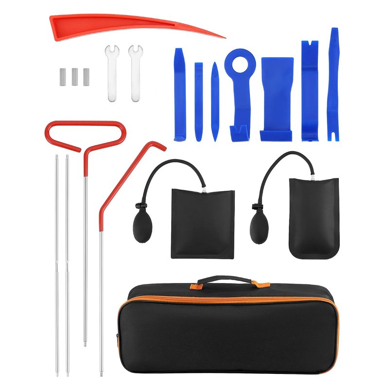 QWORK® 17 pcs car trim removal and maintenance tool kit, with long reach tool, air wedge pumps and panel tools, for authorised vehicle access and repair