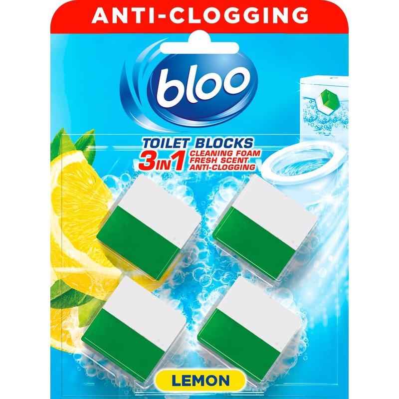 New Bloo Toilet Blocks, Pack of 4, Toilet Limescale Remover Cistern Block, Toilet Cleaner Block with Cleaning and Foaming Action, Toilet Fresheners – Lemon