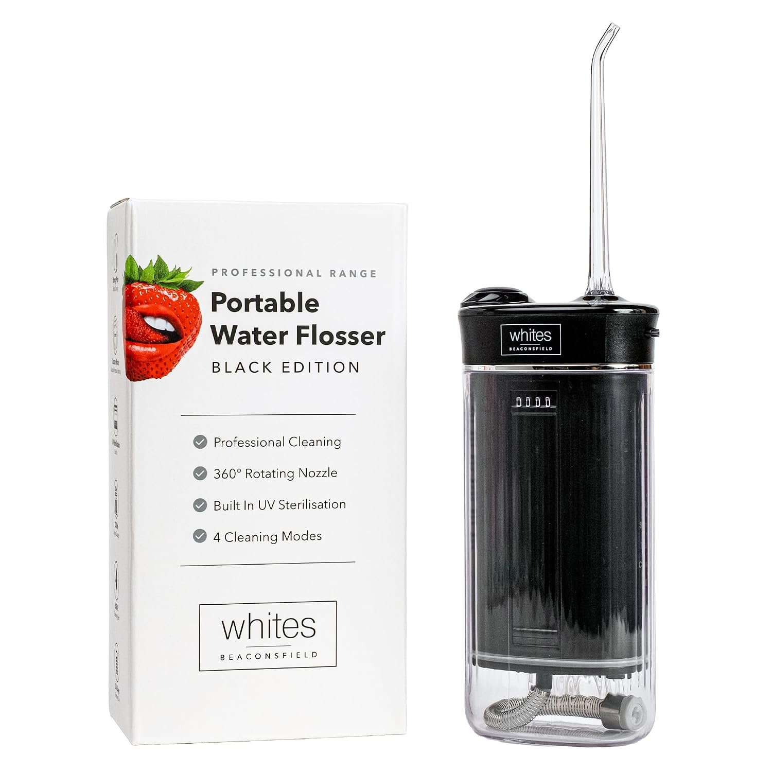 Whites Beaconsfield Water Flosser (Black) | Portable Dental Water Flosser for Teeth & Gums | Rechargeable, Cordless, 4 Cleaning Modes, 230ml Tank | Electric Teeth Cleaner for Home & Travel