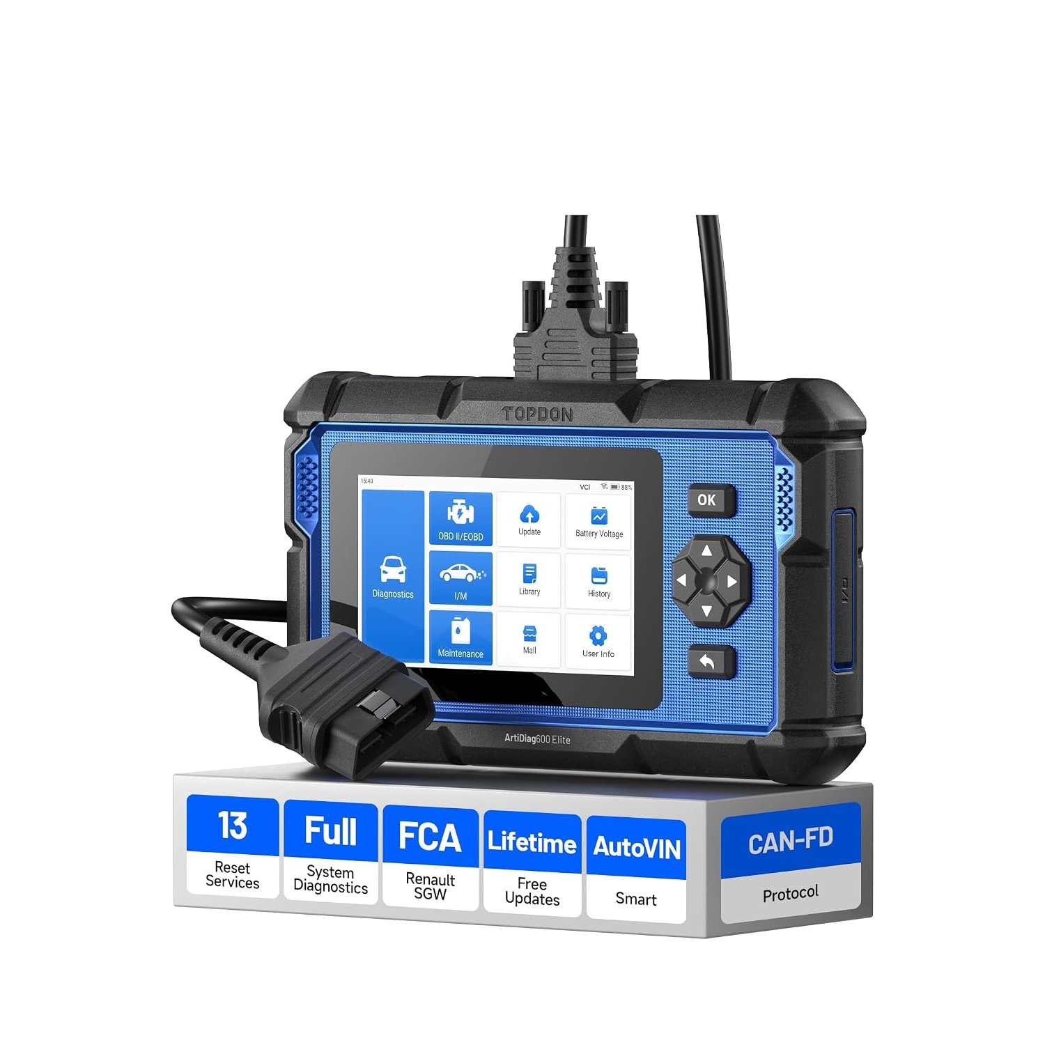 OBD2 Scanner, TOPDON ArtiDiag600 Elite, Full-System Car Diagnostic Tool, 13 Maintenance Service, FCA/SGW, 2 Years of Free Updates, Car Diagnostic Scanner with CAN-FD