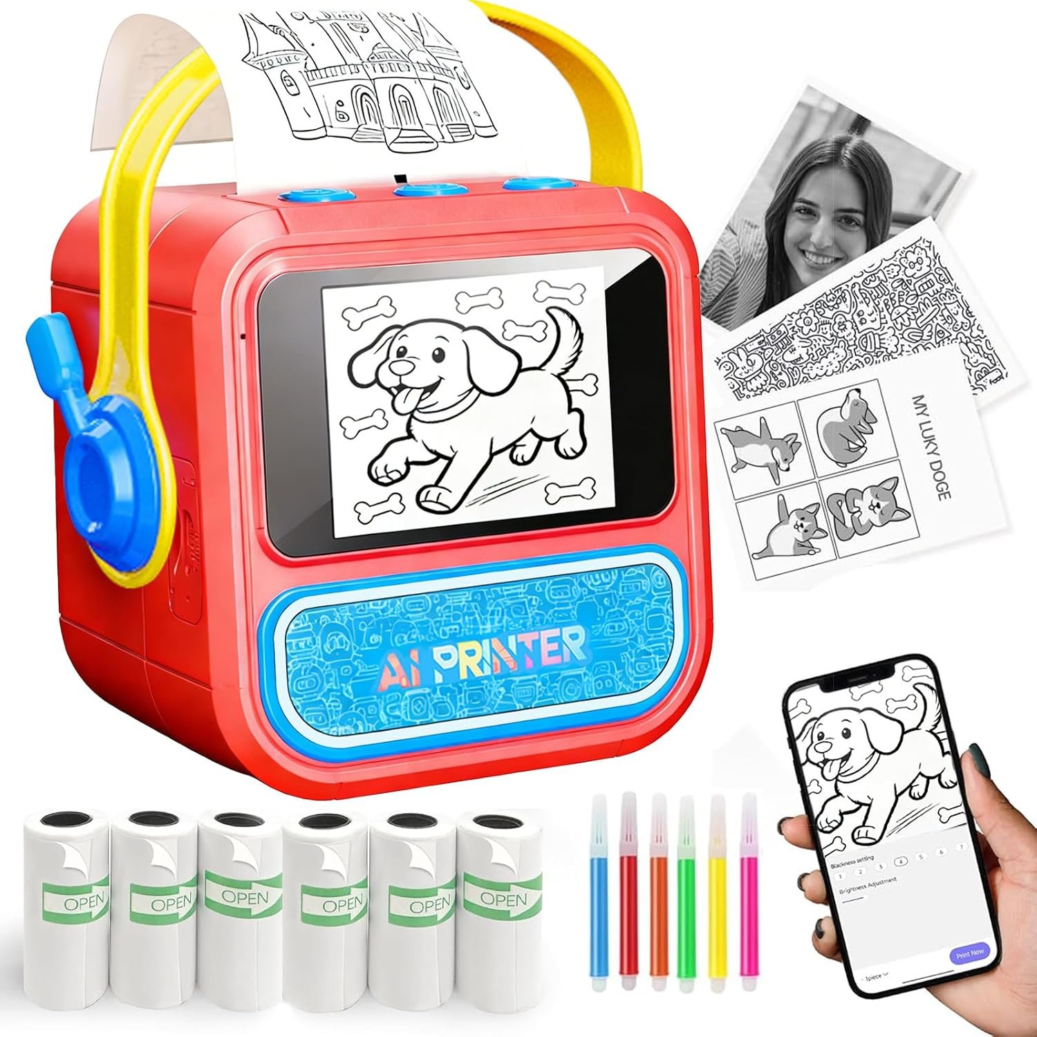 XenGro Smart AI Voice Sticker Printer Box, Mini Thermal Label Printer with Display, Inkless Portable Sticker Maker for Home, Office, Study & DIY Projects, 6Rolls Paper Included