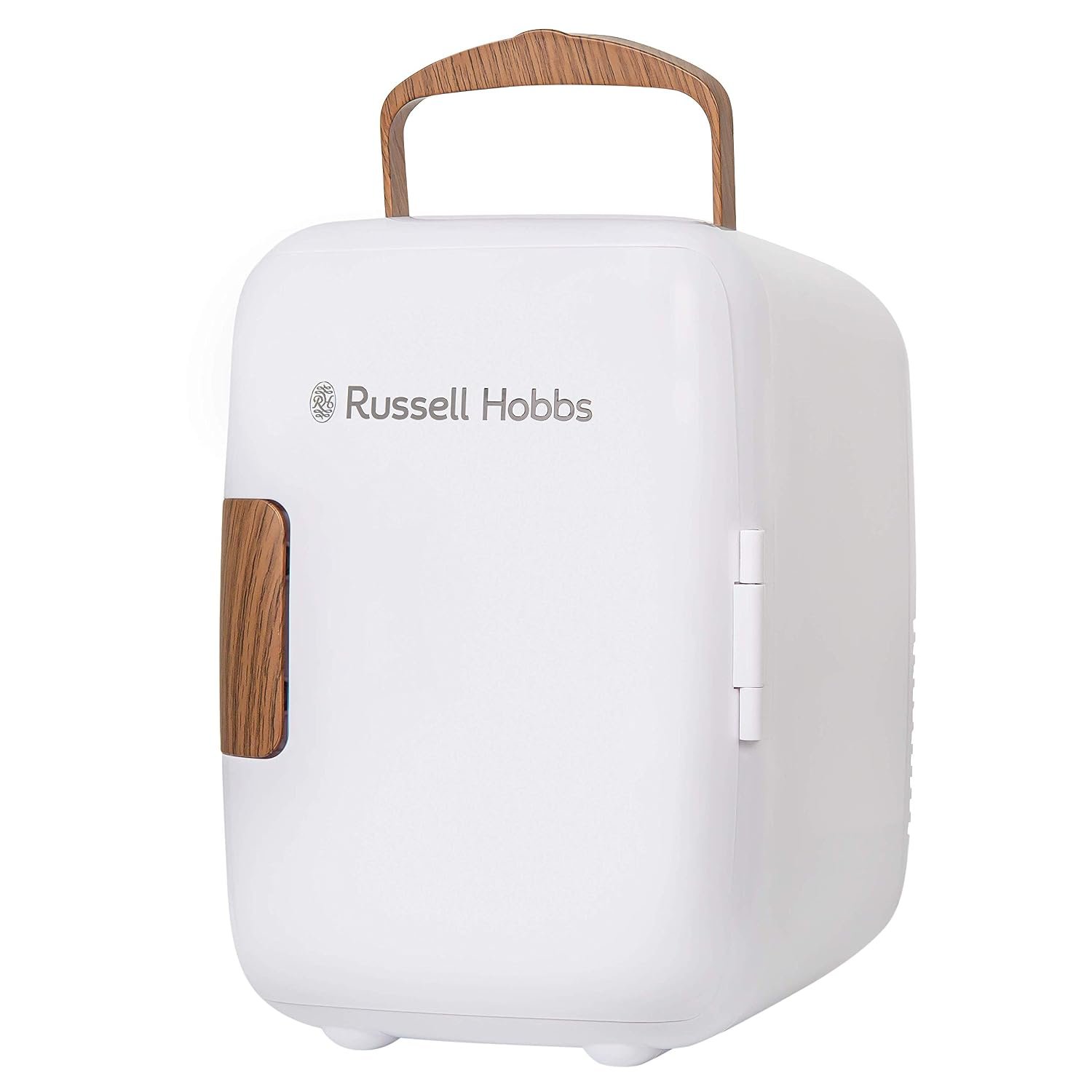 Russell Hobbs RH4CLR1001SCW Mini Fridge Portable 4L/6 Cans AC/DC Cooler and Warmer for Drinks Cosmetics Makeup Skin Care Scandinavian Style White and Wood Effect