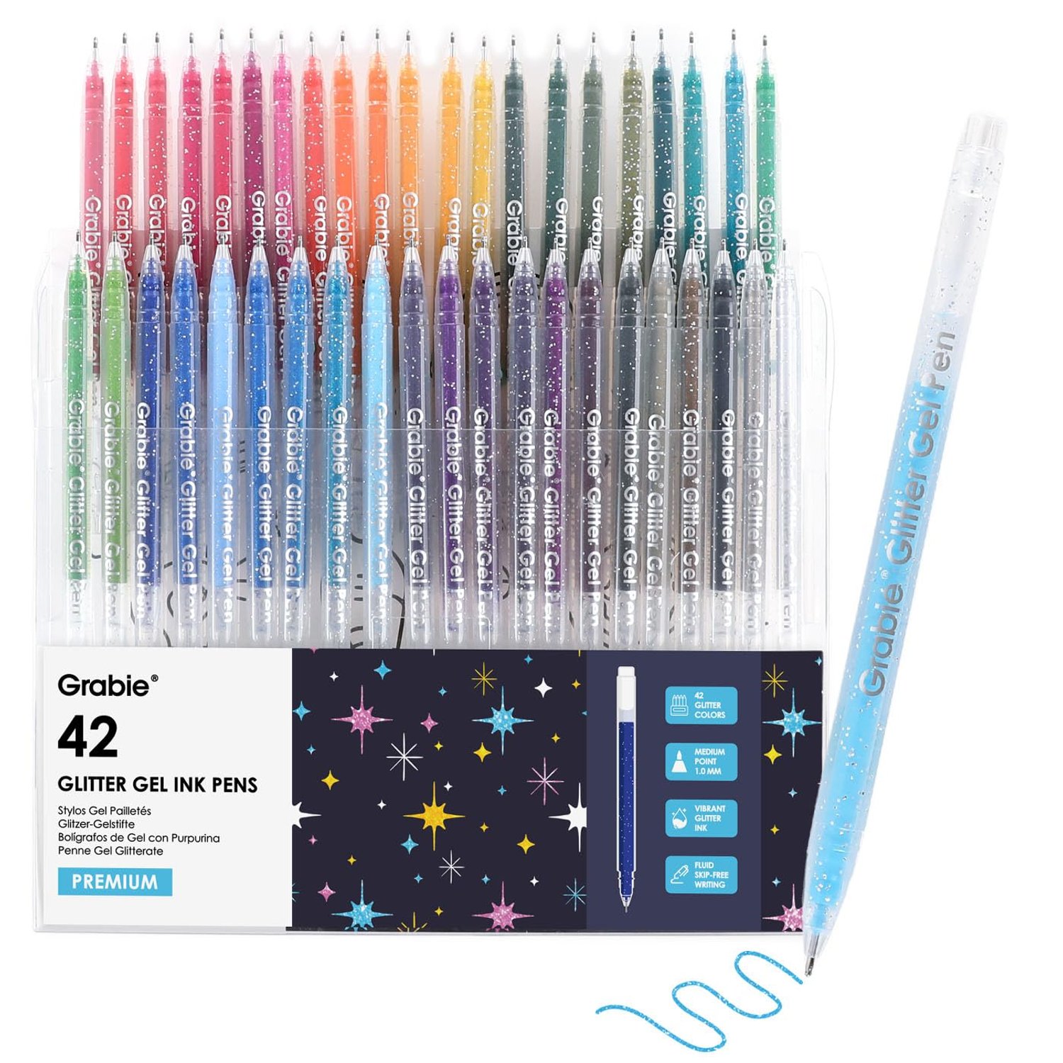 Grabie 42 colors Capped Glitter Gel Pen Set, Medium Point 1.0mm Smooth Rollerball Tip, Metallic Sparkly Gel Pens for Coloring, Fluid skip-free Writing (42 Colors Capped Glitter Gel Pens)