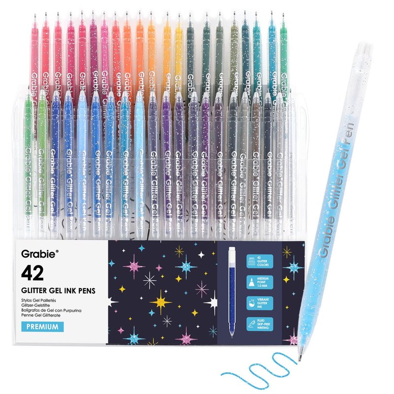 Grabie 42 colors Capped Glitter Gel Pen Set, Medium Point 1.0mm Smooth Rollerball Tip, Metallic Sparkly Gel Pens for Coloring, Fluid skip-free Writing (42 Colors Capped Glitter Gel Pens)