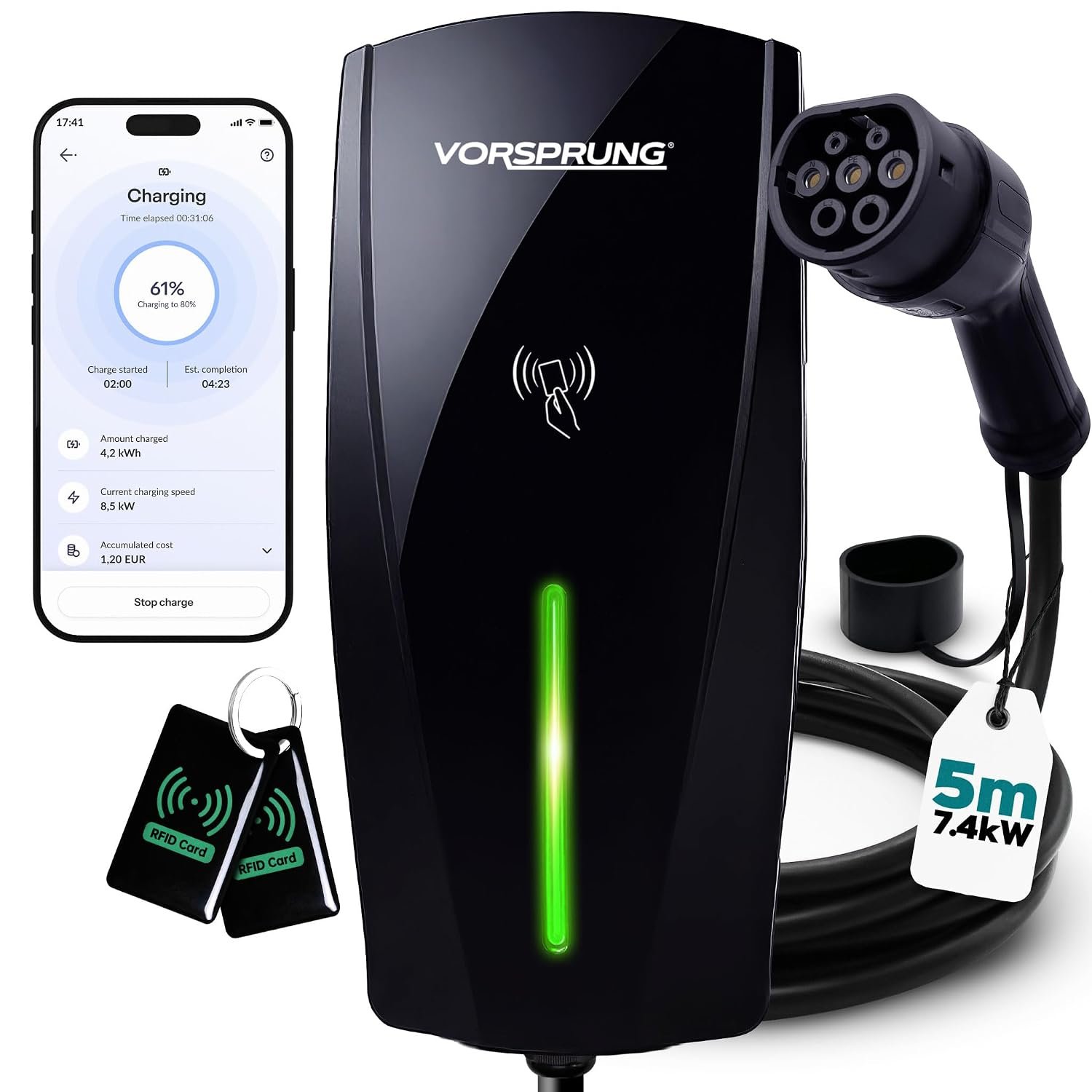 VORSPRUNG® Alpha Max 7.4kW EV Charger | WiFi, Ethernet & RFID | Type 2 | Tethered | Single Phase | Solar Charging | Home EV Charger | IP65, 5m Cable, Variable Power, PEN Protection | 3 Year Warranty