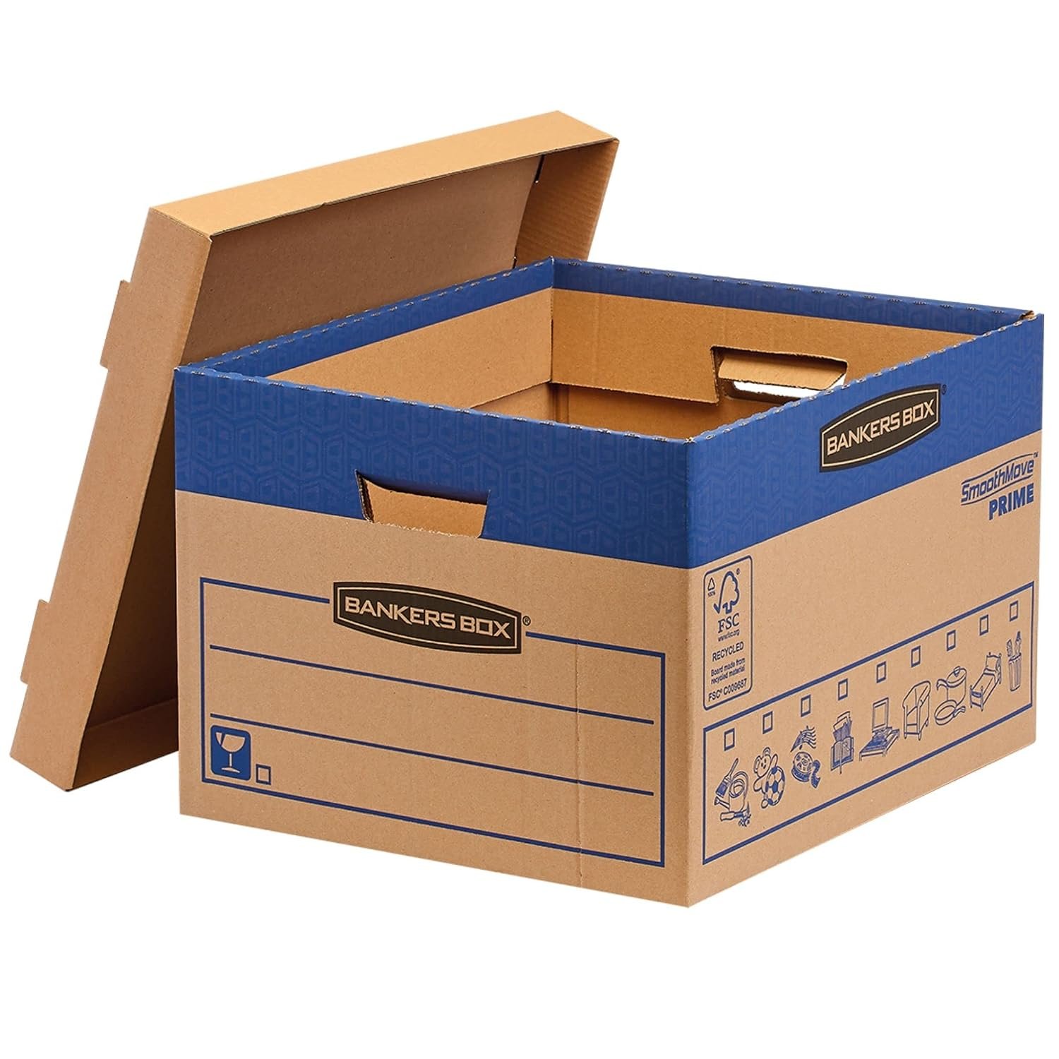 10 BANKERS BOX Large Strong Moving Boxes, 47L FastFold SmoothMove Cardboard Packing Storage Boxes, Heavy Duty Double Wall Boxes for Moving House with Handles, 43cm x 38cm x 29cm (Pack of 10), Brown