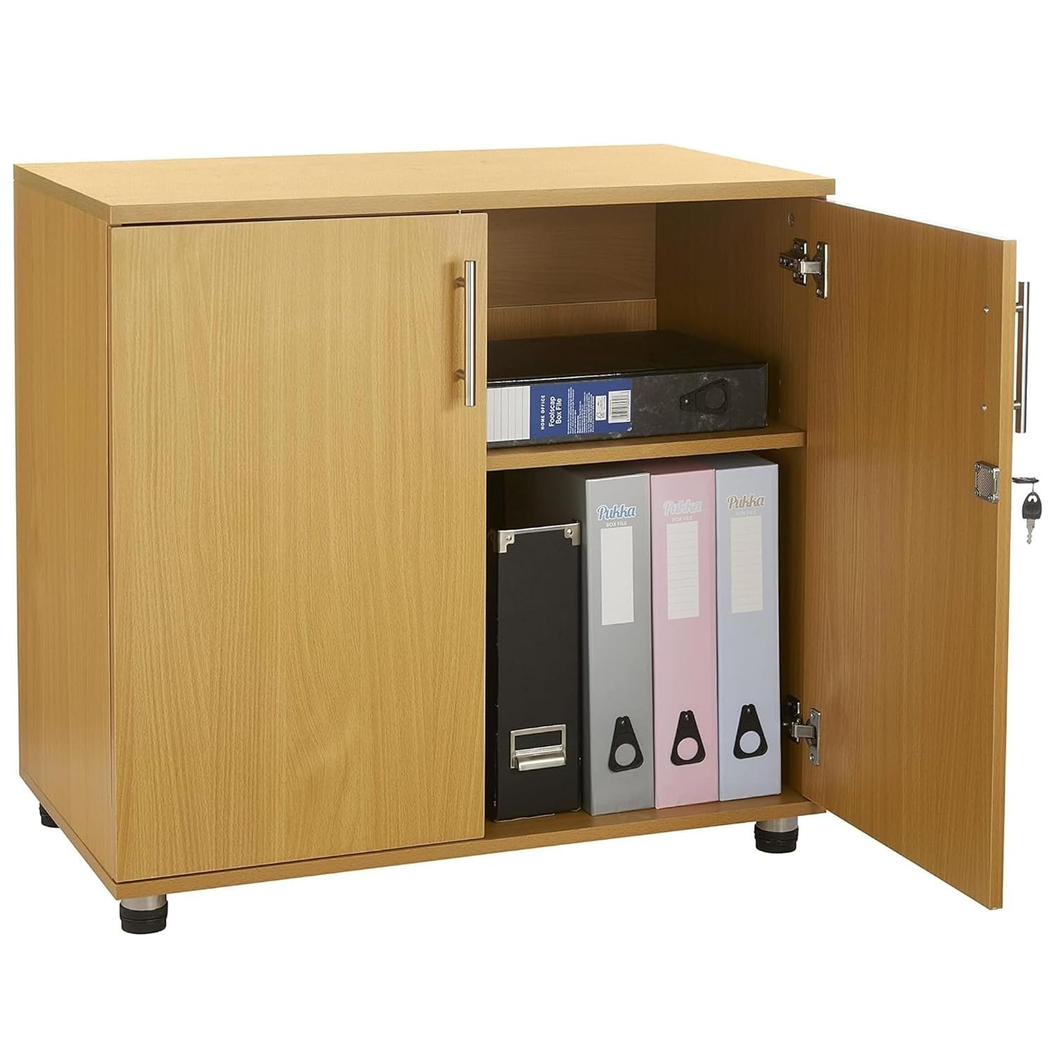 MMT Beech Storage Cabinet 2 Door with Adjustable Shelf, 75cm Tall Office Storage Cupboard, Lockable Cupboard for Home and Office, Sideboard for Study