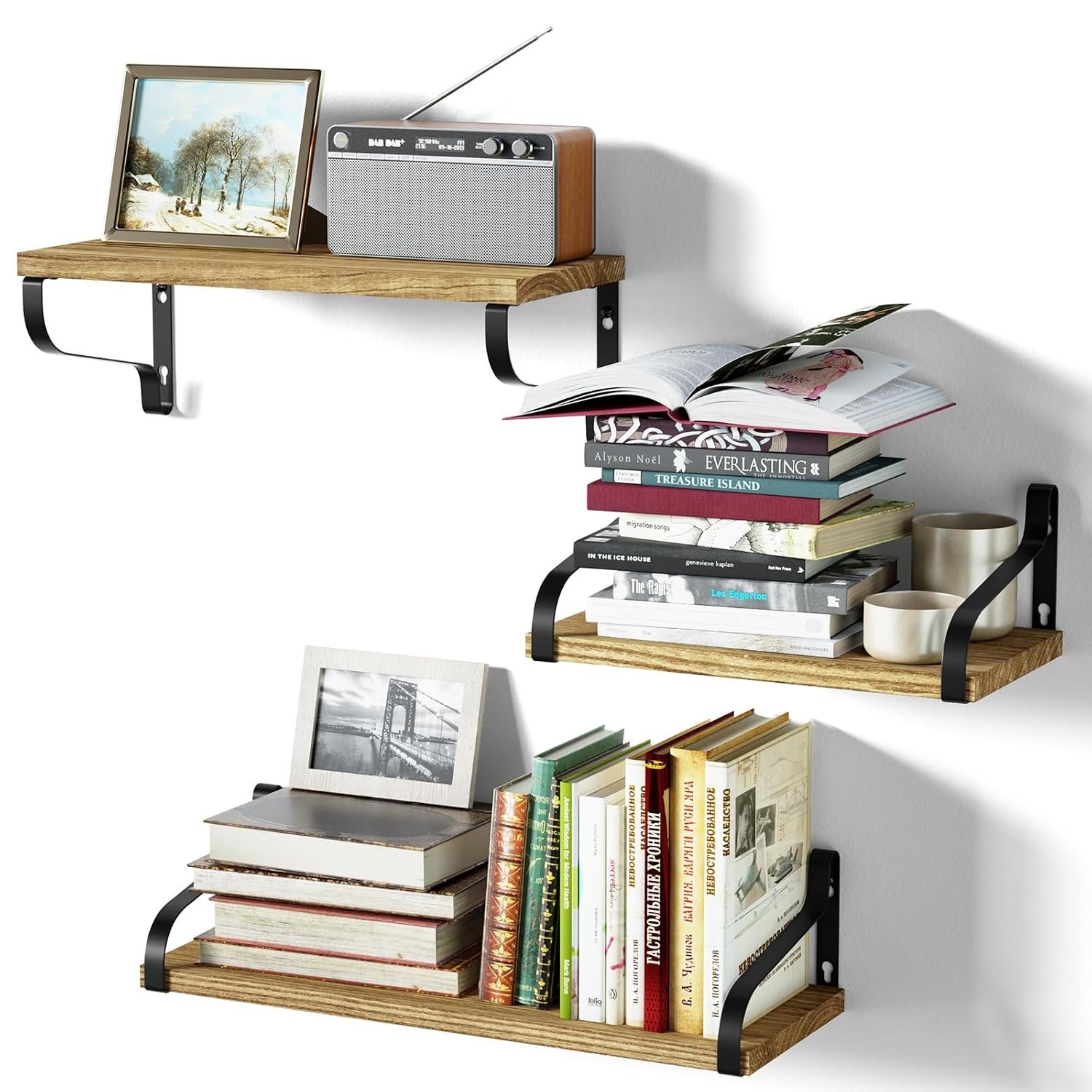 Love-KANKEI Rustic Shelves, Decorative Wall Shelf Set of 3, Floating Shelves for Bathroom, Bedroom, Living Room,Kitchen, Office and More, Carbonized Black