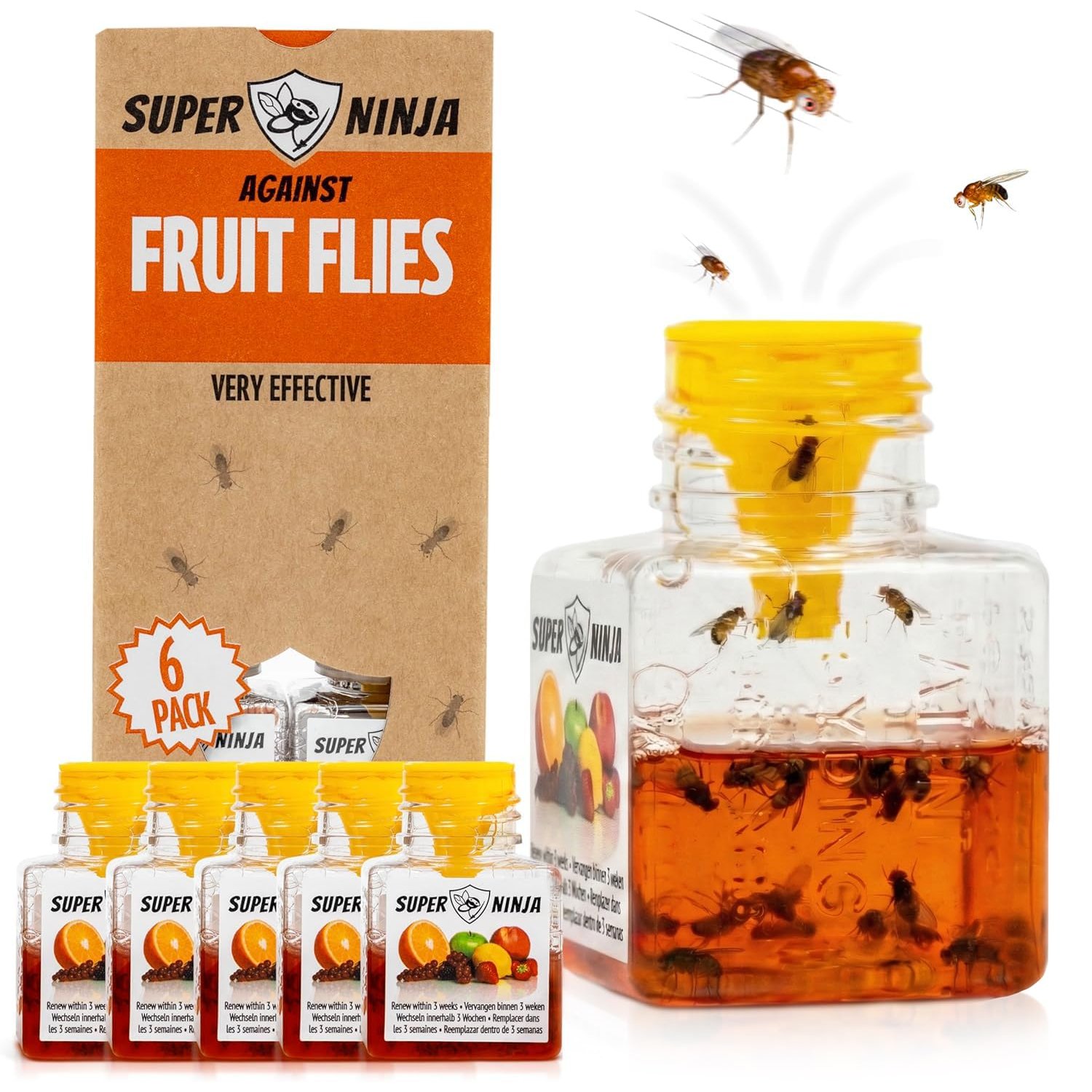 Super Ninja Fruit Fly Trap - 6 Pack, Highly Effective Fruit Fly Killer for Home & Kitchen, Up to 3 Weeks of Performance per Bottle, Child & Pet Friendly