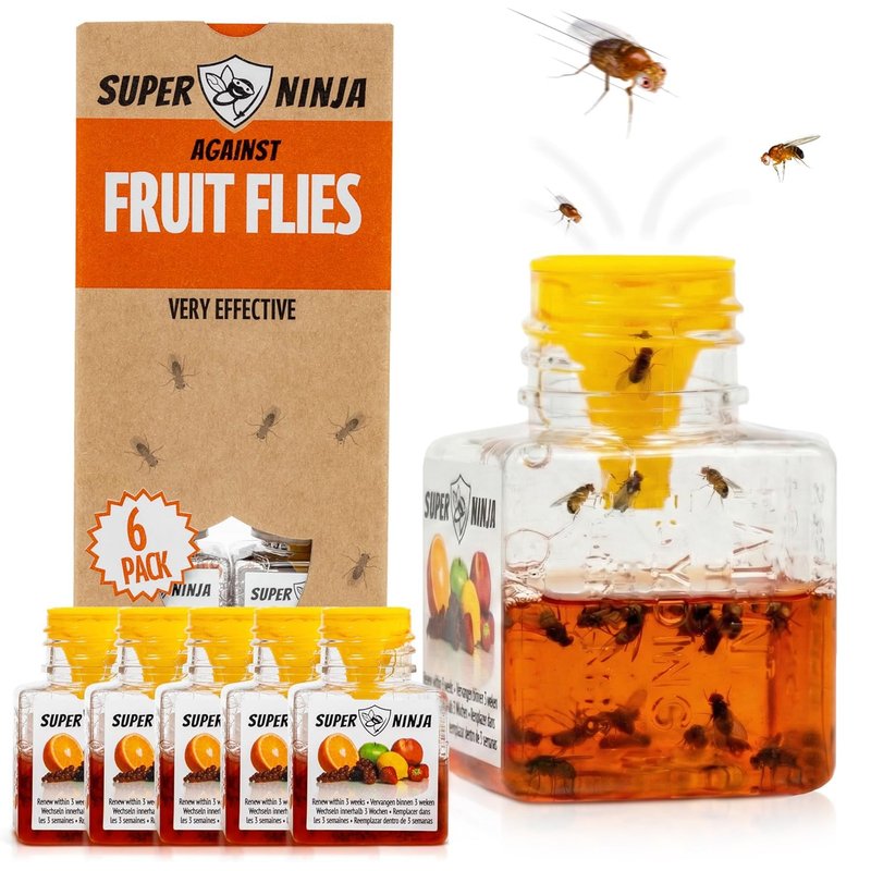Super Ninja Fruit Fly Trap - 6 Pack, Highly Effective Fruit Fly Killer for Home & Kitchen, Up to 3 Weeks of Performance per Bottle, Child & Pet Friendly