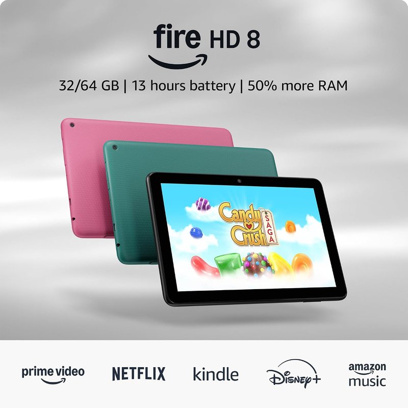 Amazon Fire HD 8 tablet (newest gen), 8" HD Display, 3 GB memory, 32 GB, designed for portable entertainment, Black, (2024 release) – with ads