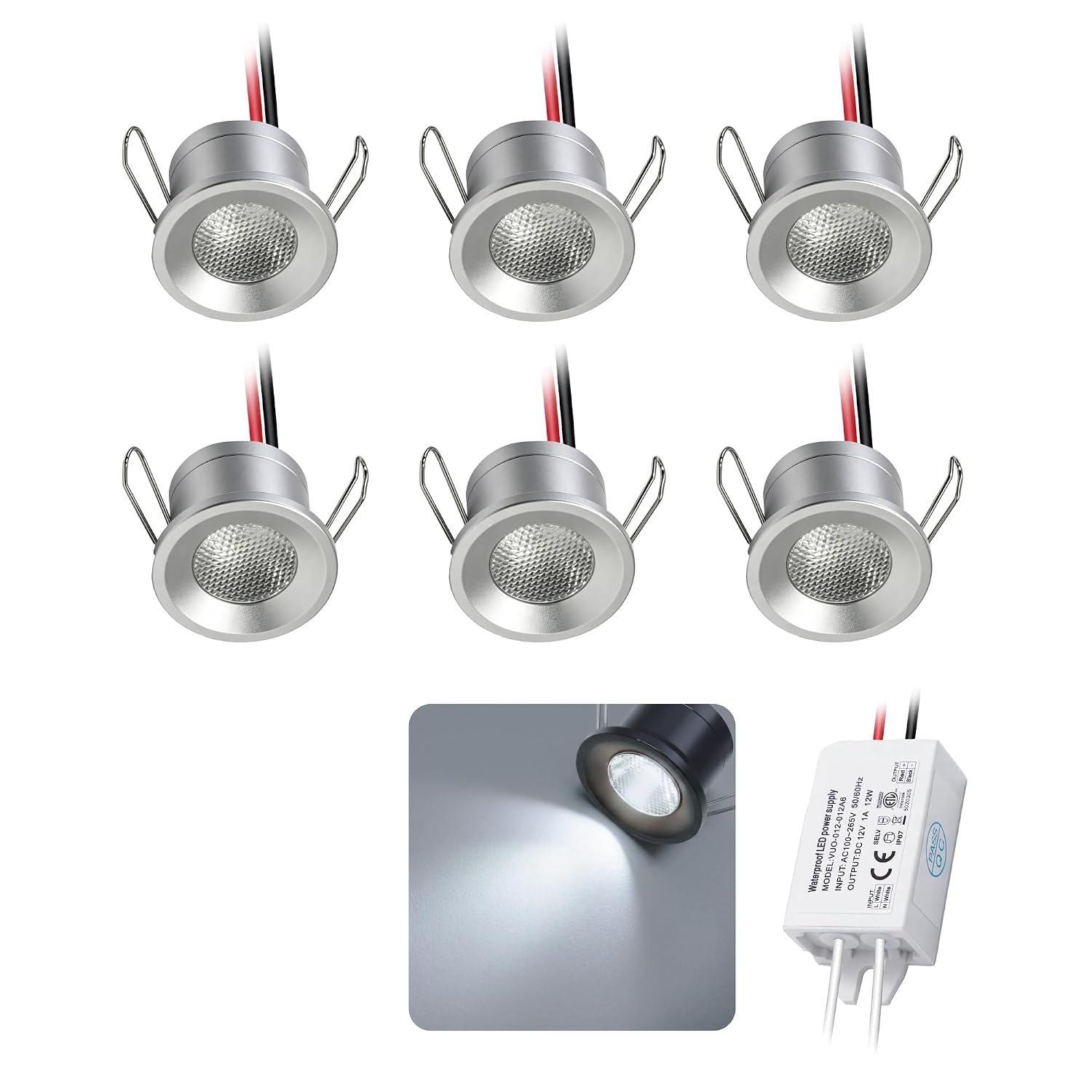 kpslucerna Mini LED Downlights 2W 6pcs DC 12V, IP65 Water Resistant Small Recessed Spotlight, 25mm Round Plinth Spot Light Cabinet Showcases Displays Hallway Kitchen Staircase Bath Niche (Cold White)