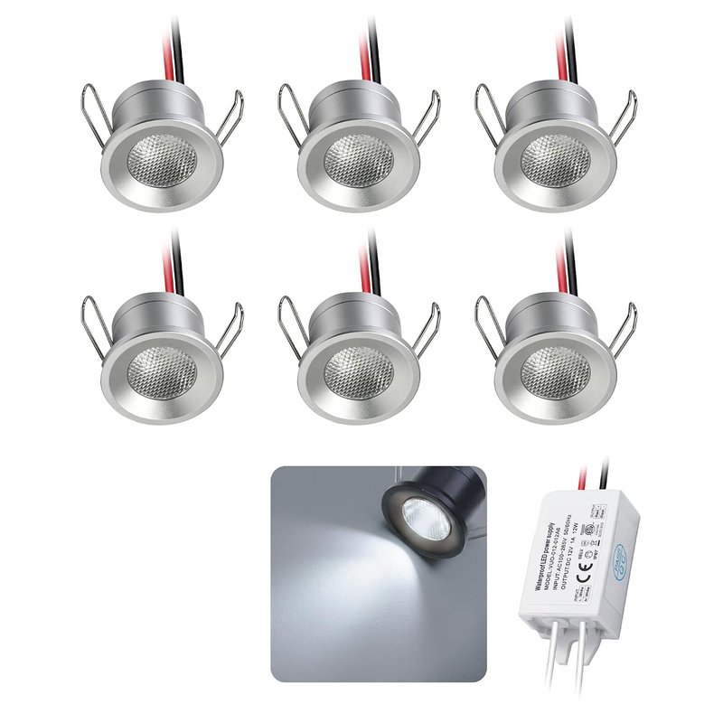 kpslucerna Mini LED Downlights 2W 6pcs DC 12V, IP65 Water Resistant Small Recessed Spotlight, 25mm Round Plinth Spot Light Cabinet Showcases Displays Hallway Kitchen Staircase Bath Niche (Cold White)