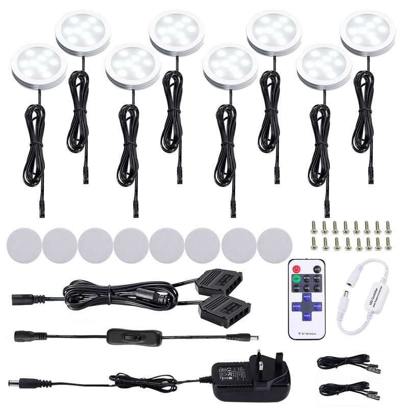 AIBOO LED Kitchen Under Cabinet Lighting Kit Dimmable with Wireless RF Remote,UK Plug,8 Pack Round Display 240V LED Puck Lights,16W Under Cupboard Counter Shelf Lights(Warm White 2700K)