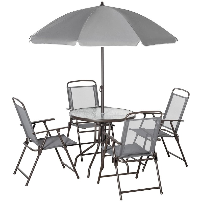 Outsunny 6 Piece Garden Dining Set with Umbrella, Patio Sets with Parasol with 4 Folding Dining Chairs & Round Tempered Glass Table, Grey