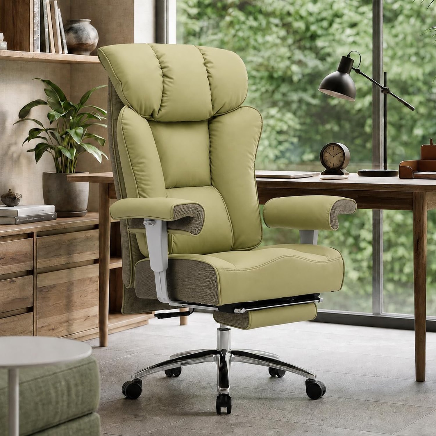 Efomao Desk Office Chair, Big and Tall Ergonomic Executive Chair with Footrest, High Back Reclining Computer Desk Chair, Thick Padded Wide Armrests 200KG Heavy Duty PU Leather Office Chair
