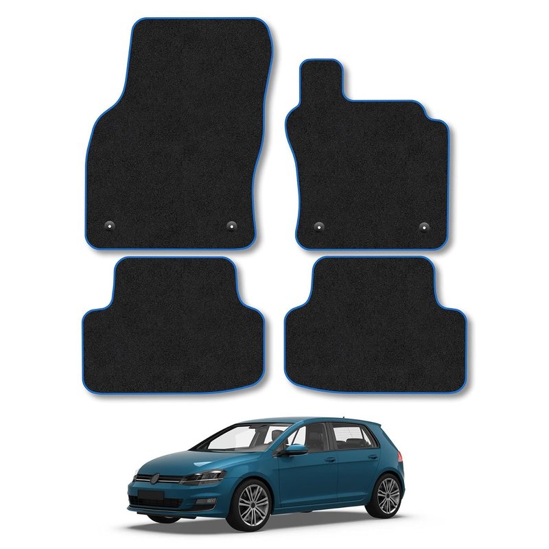 VW Golf MK7 (2012-2020) Car Mats Accessories Tailored Fit Carpet Floor Mats Non Slip Blue Trim Full Coverage Compatible Accessory Granulated Backing Front Rear Set Anti Slip Hand-Finished Clips