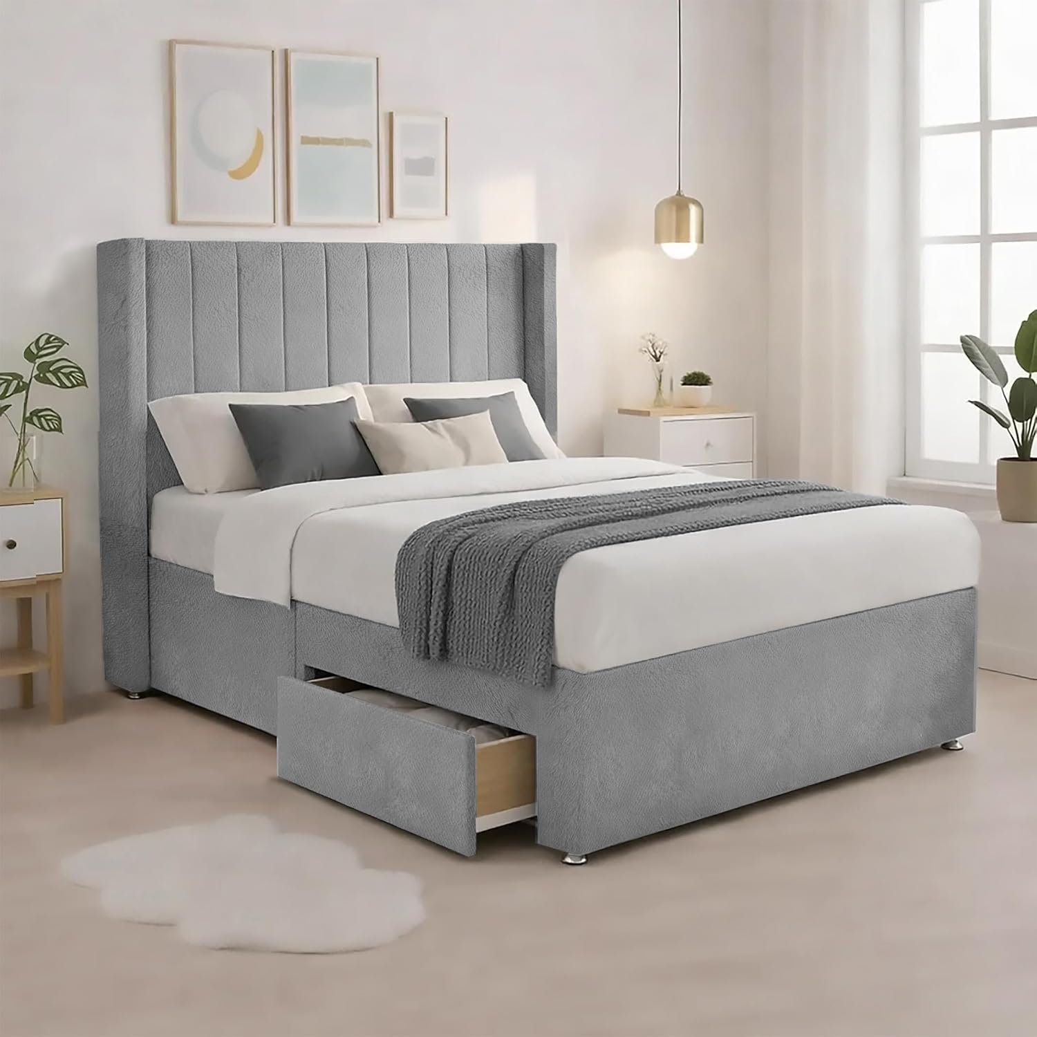 4FT6 Silver Plush Upholstered Double Bed Frame | Premium 54” Tall Wingback Headboard | Solid Support Base with 2 Storage Drawers (Foot-End Sides) | Luxury Bed For You