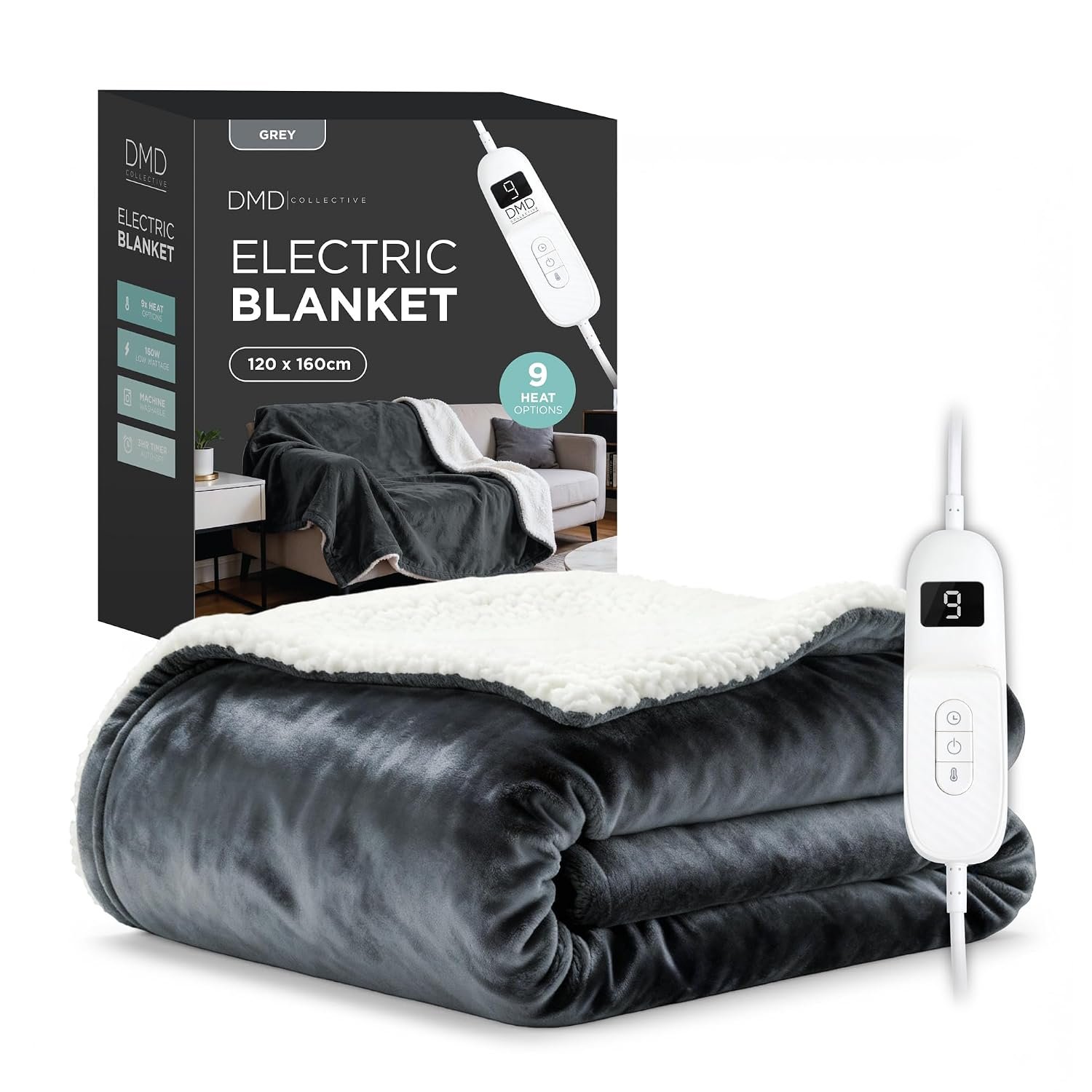 DMD Collective Electric Blanket Heated Throw 120 x 160cm with 9 Heat Settings & Timer, LED Display Controller, Auto Shut-Off, Machine Washable Soft Fleece for Sofa, Bed & Office, Grey