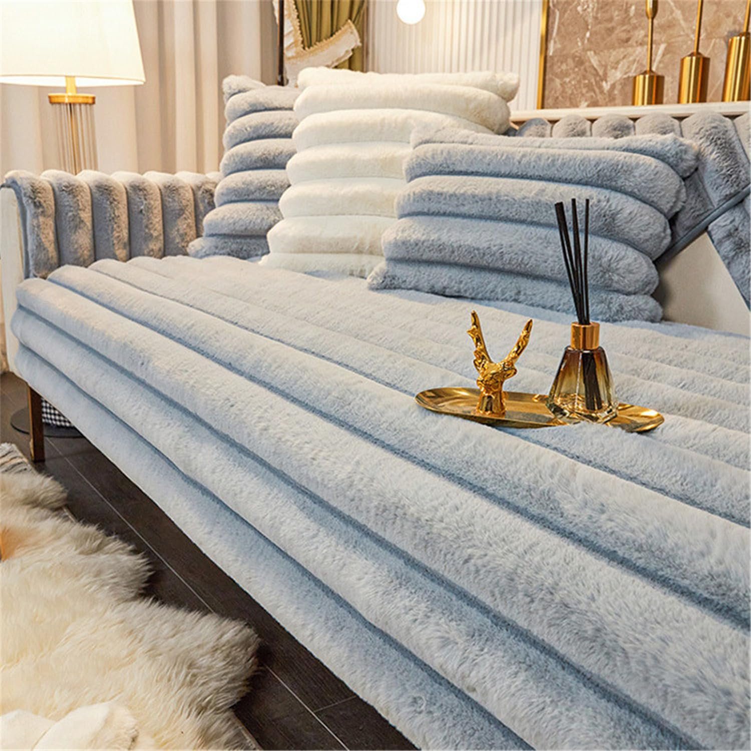LINGKY Thick Rabbit Plush Sofa Covers 1 2 3 Seater, Non-Slip Sofa Slipcovers For Corner L Shape, Funny Fuzzy Sofa Cover, Warm Velvet Sofa Cushion Covers, Washable Furniture Protector (Blue,90x120cm)