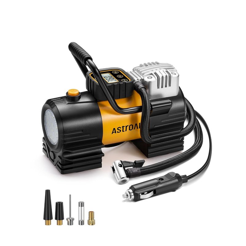 AstroAI Tyre Inflator Portable Air Compressor DC 12V, Fast Inflation Digital Car Tyre Pump for Compact SUV, Preset/Auto-Off/Memory Function, Metal Structure with 22 Cylinders, Super Bright Light