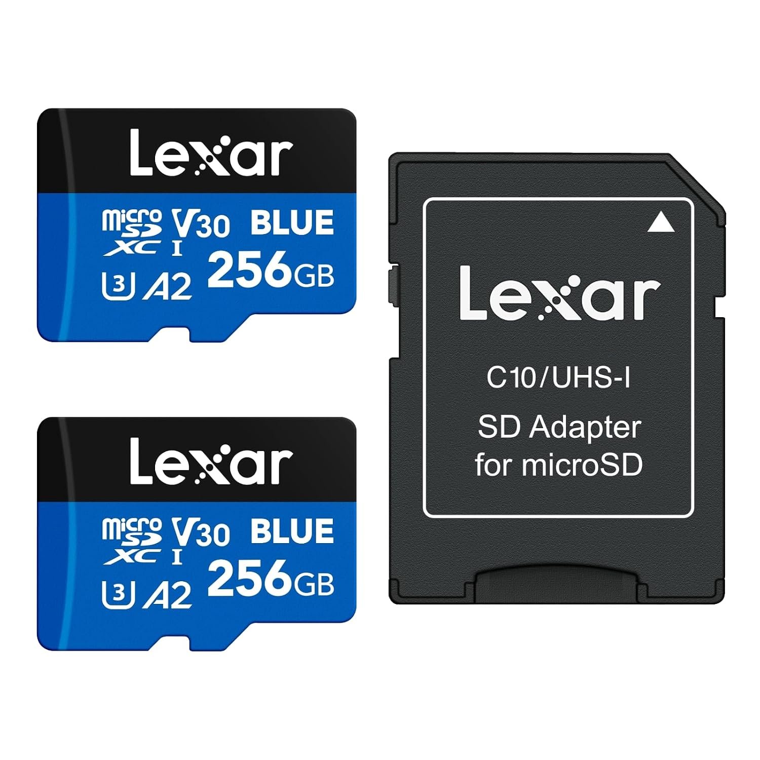 Lexar Blue Micro SD Card 256GB 2 Pack, up to 160MB/s Read, microSDXC UHS-I Card, Class 10, U3, V30, A2, Full-HD & 4K Video, High-Speed Memory Card for Smartphones/Tablets/Action Cameras