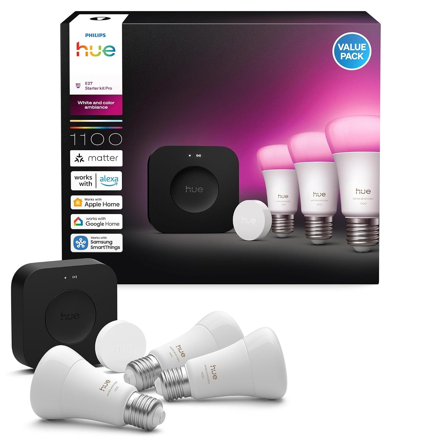 Philips Hue Starter Kit Bridge Pro + Smart Button + 3 A60 E27 Smart Bulbs, White and Colour Ambience, Smart Light Hub, Works with Apple Home, Amazon Alexa, Google Assistant, Samsung SmartThings