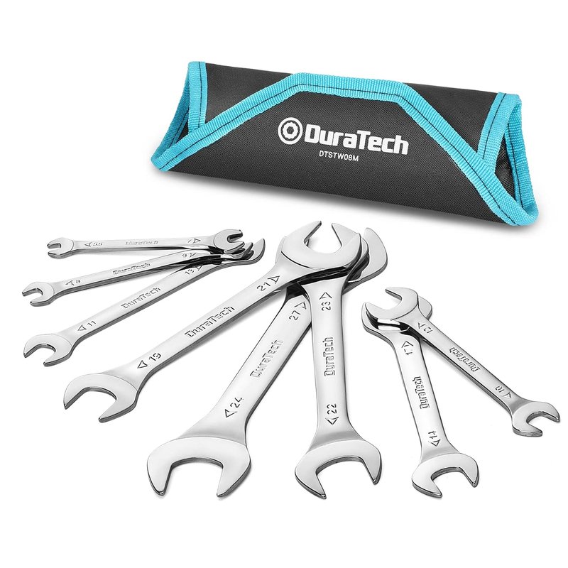 DURATECH 8-Piece Double Open End Spanner Set 5.5 mm-27 mm, Super-Thin Open Ended Wrench Flat Spanner Set for Narrow Space, Carbon Steel, Mirror-Chrome Plated, Metric, with Roll-up Pouch